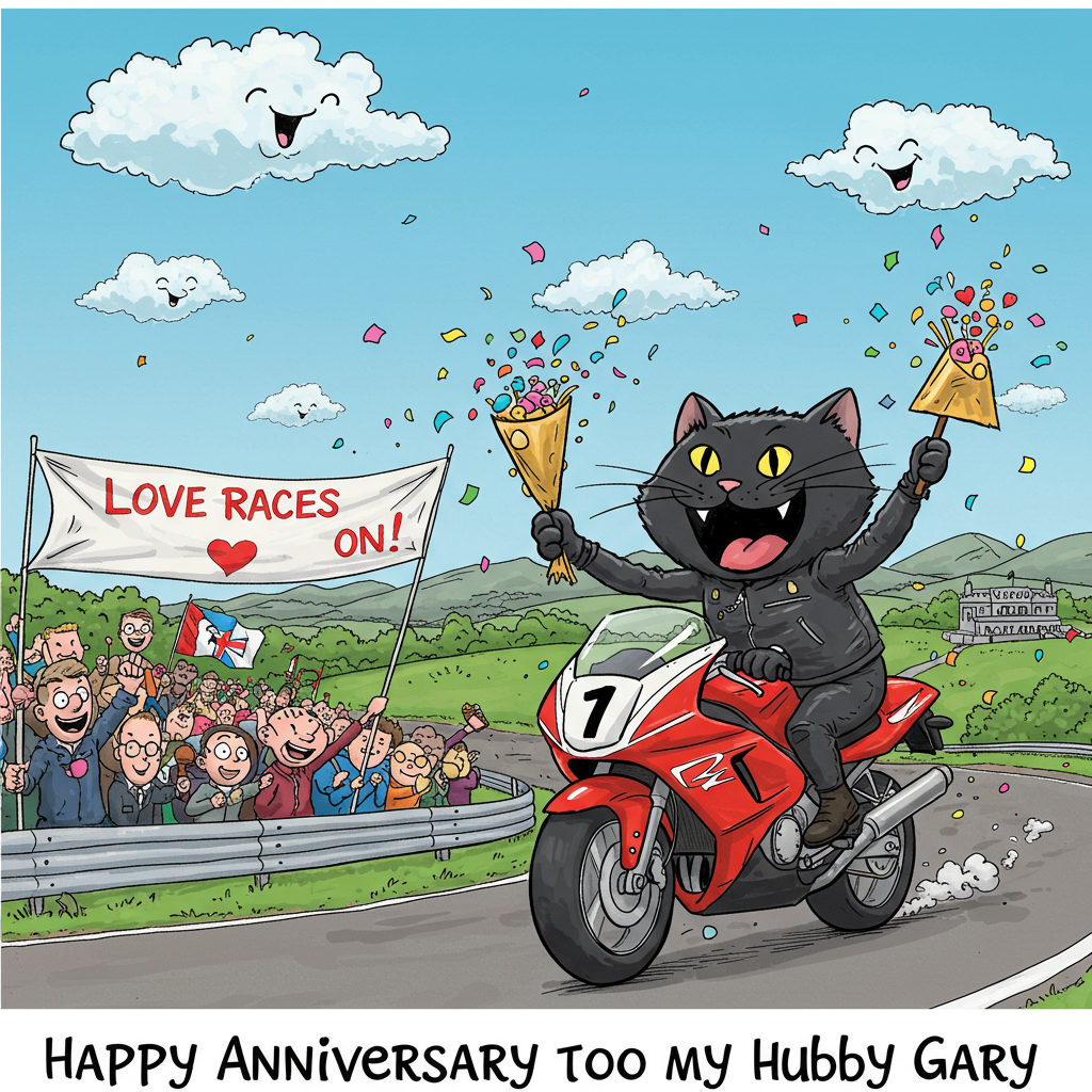 At the bottom of the Cartoon Style image, "Happy Anniversary to my hubby Gary"

---

**Image Description:**

Picture a whimsical, vibrant cartoon scene on the Isle of Man TT race track. In the foreground, a black cat with a cheeky grin rides a motorbike, its fur blowing wildly in the wind. The cat wears an oversized leather jacket and a tiny helmet that barely stays on its head. Around the cat, colorful confetti rains down, adding to the celebratory feel.

In the background, the iconic Isle of Man landscape is depicted in bold colors, with rolling hills and cheering cartoon spectators holding flags and banners. A banner in the crowd reads, "Love Races On!" in playful, bouncy lettering.

The sky above is a bright, happy blue, dotted with fluffy clouds that resemble heart shapes. The entire scene radiates joy and humor, capturing the excitement of the race and the celebration of an anniversary with a twist.
Generated with these themes: Motorbikes, Black Cat, Isle of Man TT , and .
Made with ❤️ by AI.