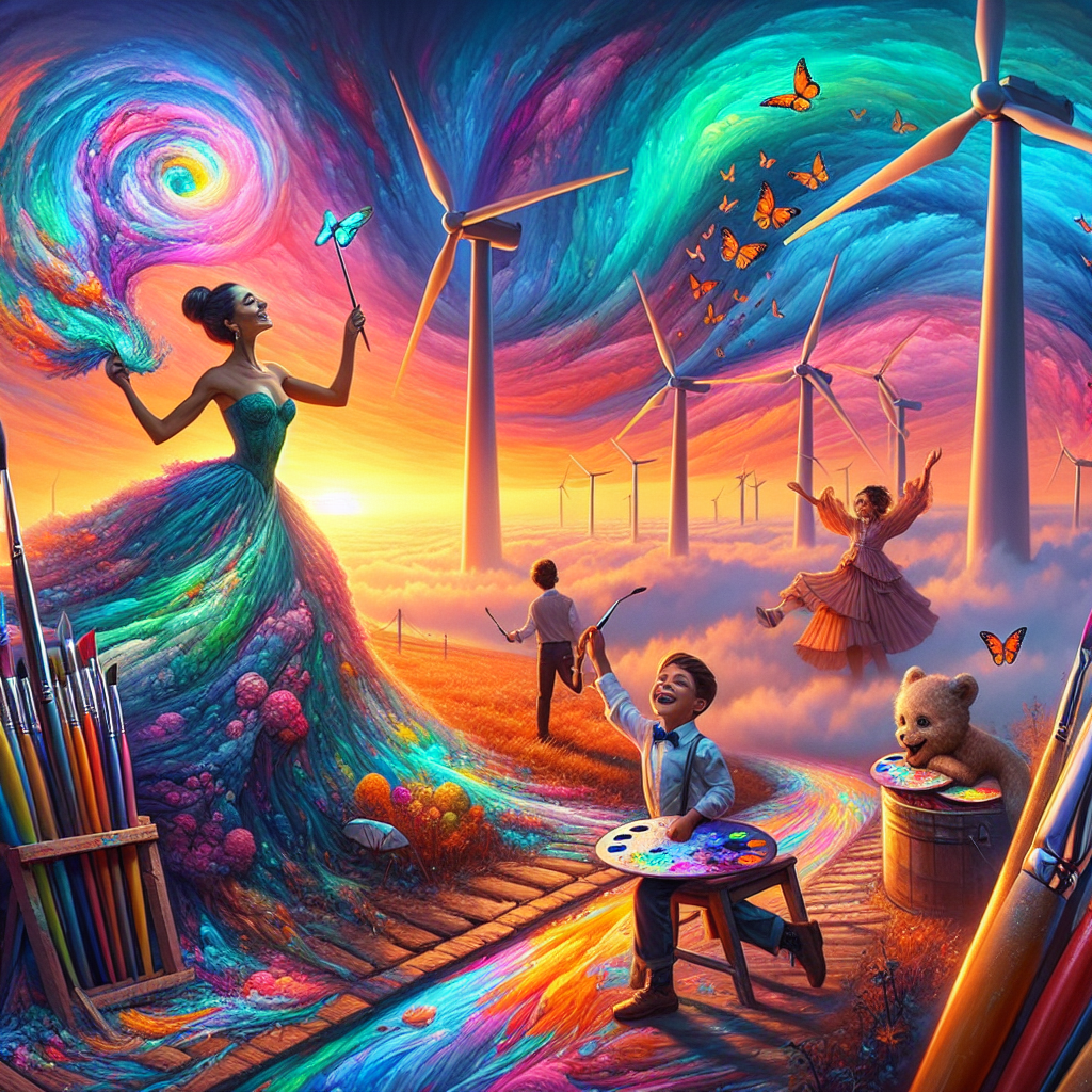 Imagine a surreal birthday setting in a dreamlike landscape where the sky swirls with radiant hues, mimicking an unending sunset. Wind turbines stand nobly within this scene, serving as symbols of renewable dreams. A peculiar display of internet-cosmetics takes center stage, with brushes seemingly painting the air and color palettes drifting like leaves. The unique blend of surrealism and celebration creates a tangible sense of artistry. At the heart of this scene is a graceful Hispanic woman - a wife enveloped by her passion for paint, emanating the joy of the day. The laughter of her two young sons, one Caucasian and the other Black, fills the air as they gleefully pursue hologram butterflies, products of their colorful imaginations.
Generated with these themes: Online cosmetics , Wind turbines , Art, and Wife and two dons.
Made with ❤️ by AI.