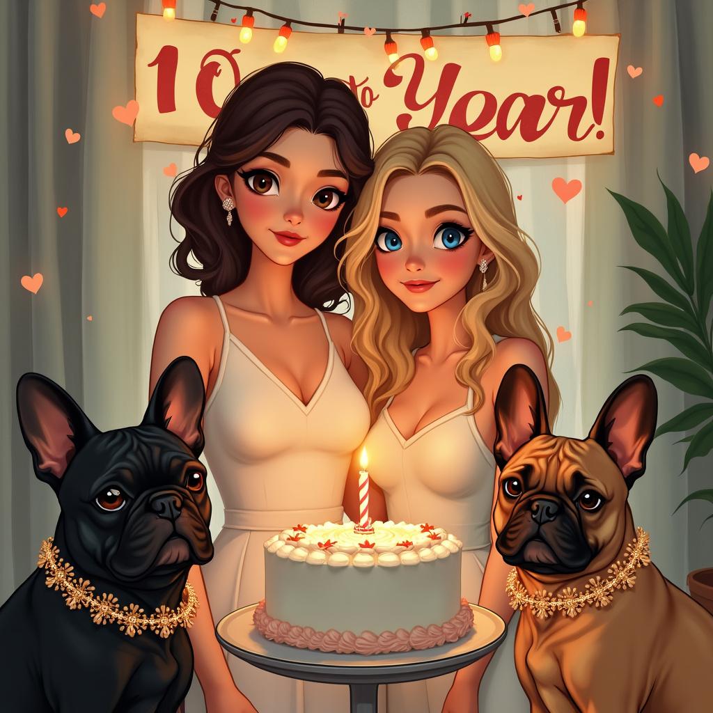 In this depiction, we focus on a lively anniversary scene. The brown-haired woman with deep brown eyes stands poised with a soft smile, to the right of her beloved partner, a blonde-haired woman with sparkling blue eyes. They are at the crest of their 1st wedding anniversary, each dressed in complementary stylish outfits that nod to the special occasion. A decorative cake with one elegant candle sits at the forefront on a chic cake stand, with '1 Year of Love' elegantly piped on the top. At their feet rest two distinct French Bulldogs; the fawn one, with its large bat-like ears, has a shiny, celebratory ribbon around its neck, while the shiny black one, exuding elegance, has a delicate floral collar. The backdrop features a hand-painted sign with 'Cheers to One Year!' in calligraphy, draped across a warmly lit room with soft, romantic lighting. Detailed festive touches like heart-shaped confetti and a tasteful arrangement of anniversary keepsakes are scattered throughout the space.
Generated with these themes: Brown haired woman with brown eyes, blonde haired woman with blue eyes, 1st wedding anniversary, fawn French bull dog, black French bulldog.
Made with ❤️ by AI.