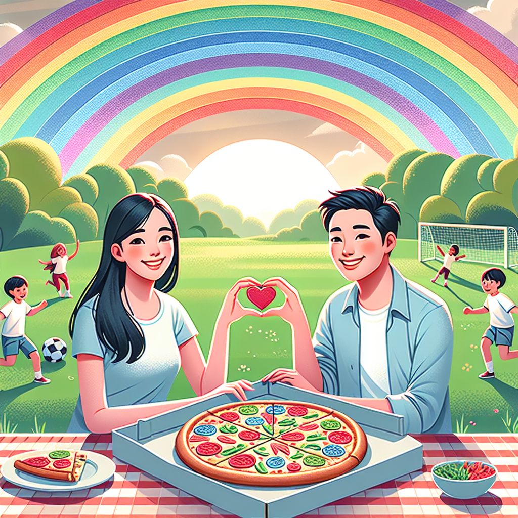 Create a delightful image celebrating an anniversary where an Asian woman and Hispanic man are seated at a picnic, sharing a heart-shaped pizza with radiant smiles under a vibrant, multi-hued rainbow. In the distance, Caucasian and South-Asian children engage in a pleasant game of football, enhancing the scenery's joyous atmosphere.
Generated with these themes: Pizza, Rainbow, and Football.
Made with ❤️ by AI.