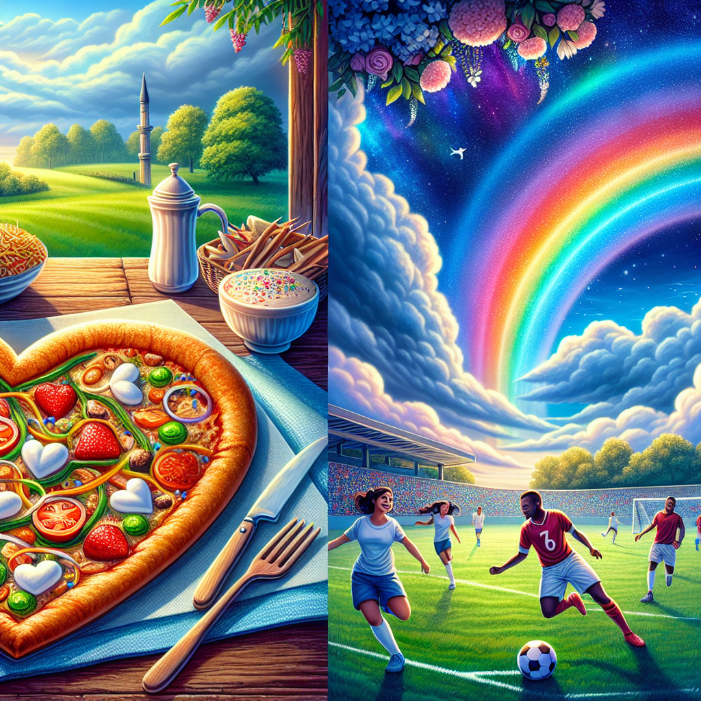 Create a vibrant illustration of a quaint anniversary scene set outdoors. At the center, a crisp, heart-shaped pizza garnished with various toppings is resting on a rustic wooden table, symbolizing a heartwarming feast. Above this tranquil scenario, a radiant, multi-colored rainbow gracefully arcs across the sapphire-blue sky, epitomizing hope and happiness. Adjacent to this peaceful setting, a field comes to life with a spirited football match. The players, a mix of South Asian females and black males, are fully engaged in the game, adding a sense of energy, movement, and vitality to the overall composition.
Generated with these themes: Pizza, Rainbow, and Football.
Made with ❤️ by AI.