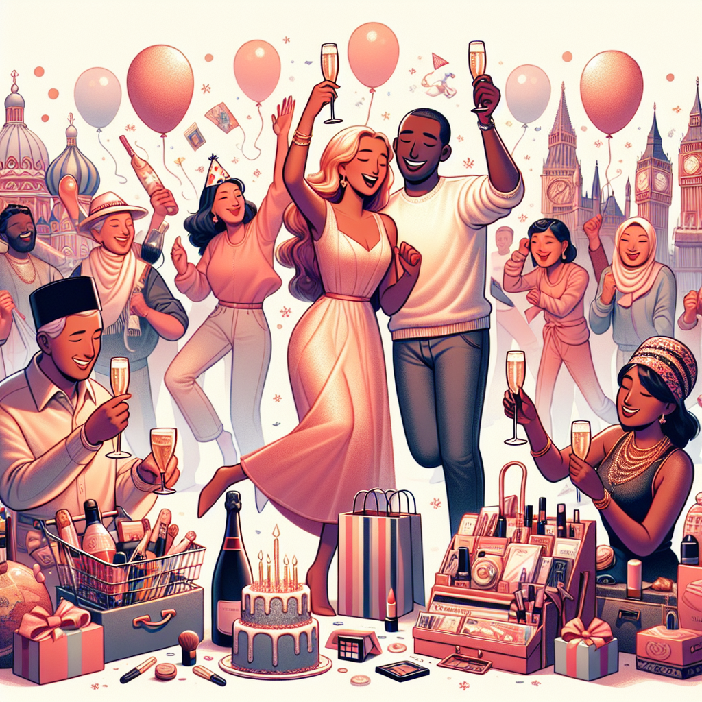 Generate an image that depicts a delightful birthday-themed illustration. The main focus is a family of mixed descent engaging in a celebratory dance, which radiates feelings of unity and togetherness. The nearby scenes include a Caucasian man and a Hispanic woman toasting with champagne glasses, a Black individual cheerfully shopping with bags in hand representing retail delight. Additionally, portray an array of renowned landmarks that symbolize travel aspirations, along with a traditional Middle-Eastern beauty station stocked with makeup and a mirror. The entire scene is fused with soft-hued balloons and festive adornments to encapsulate the spirit of a joyful birthday.
Generated with these themes: Champagne, Shopping, Travel, Beauty, Family, and Dancing.
Made with ❤️ by AI.