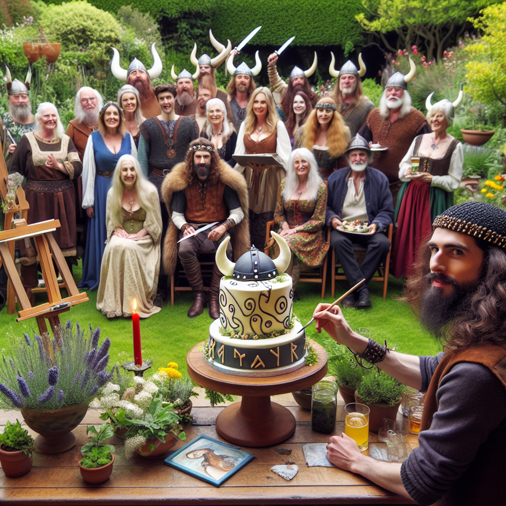A birthday gathering takes place with a Viking-themed garden party. Attendees of various descents and genders are present, each one dressed in historically accurate Viking costumes. In an inviting section of the party, an artist of Middle Eastern descent captures the joyous expressions and the lush greenery of the garden on canvas. A focal point of the party is a beautifully crafted edible cake resembling a Viking helmet, embellished with buttercream runes and floral accents fitting the theme. The garden contributes to the atmosphere with its assortment of flora artfully arranged to accentuate the unique Viking allure of the birthday celebration.
Generated with these themes: Vikings, Painting, and Garden.
Made with ❤️ by AI.