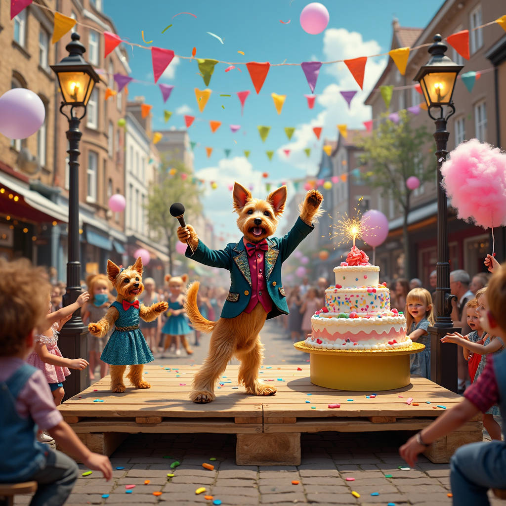 Picture a bustling, whimsical street fair set against a backdrop of colorful bunting strung between charming, old-world lampposts. In the center of the scene is a lively stage constructed from wooden pallets and decorated with vibrant fairy lights. On the stage, there's a jubilant Welsh terrier, Winston, who's not just any terrier but a canine superstar, dressed in a snazzy sequined jacket and a bow tie. He's standing on his hind legs, holding a tiny microphone in his paw, belting out a hearty rendition of "Happy Birthday." 

Winston's backup dancers, a troop of equally enthusiastic Welsh terriers, are prancing around him in synchronized moves, wearing miniature top hats and tails. They twirl and leap with surprising agility, creating a spectacle that's both adorable and impressive. The audience, a mix of laughing children and amused adults, surrounds the stage, clapping along and tossing confetti in the air. 

To the right of the stage, a gigantic, multi-tiered birthday cake with sparklers shooting out of it sits on a festively decorated table. Next to the cake, a boisterous clown with oversized shoes is juggling colorful balls, adding to the merriment. Balloons in every conceivable color float above the scene, some tied to the stage, others drifting lazily in the breeze. 

In the background, you can see a street lined with quaint little shops, their windows filled with birthday-themed displays. There’s a cotton candy vendor handing out pink, fluffy treats to a group of giggling kids. Above everything, the sky is a brilliant blue with a few fluffy clouds, completing this fantastical and jubilant birthday celebration.

This detailed and whimsical scene encapsulates the themes of dancing, singing, and Welsh terriers in a unique and engaging way, perfect for a birthday greeting card front cover.
Generated with these themes: Dancing , Singing , and Welsh terrier .
Made with ❤️ by AI.