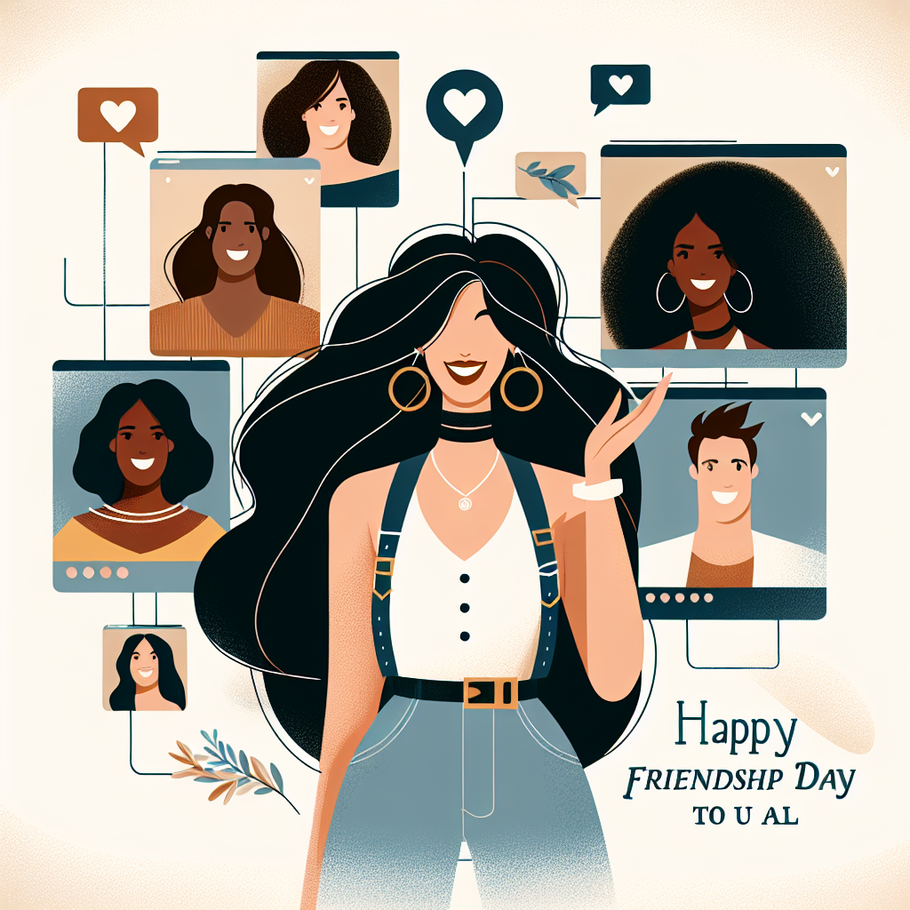 Create an image illustrating a celebration of friendship. The central figure is a stylish woman of Hispanic descent, with her hair flowing and her outfit reflecting current fashion trends. There's a surrounding collage of screens, symbolizing an online gathering with her friends. Each screen frames the smiling face of a friend, each friend from different descents including Caucasian, Black, South Asian, and Middle Eastern. Speech bubbles containing the words 'Happy Friendship Day to u all' originate from the stylish woman. The design mixes flat design elements with subtle textures for a modern, heartfelt atmosphere.
Generated with these themes: A modern lady wish all  her  girl / boy friends ,Happy friendship day to u all.
Made with ❤️ by AI.