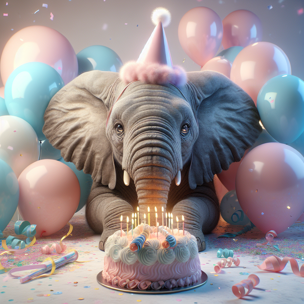 Render a captivating birthday scene featuring a realistic elephant adorned with a pastel-colored birthday hat as the central element. Add a festive backdrop composed of softly-colored balloons, scattered confetti, and a pretty birthday cake decorated with lit candles. Highlight the contrast in textures between the elephant's natural, life-like skin and the dreamy ambiance instilled by the festive elements. The elephant's eyes should gleam, adding to the charm of the special occasion.
Generated with these themes: Elephant.
Made with ❤️ by AI.