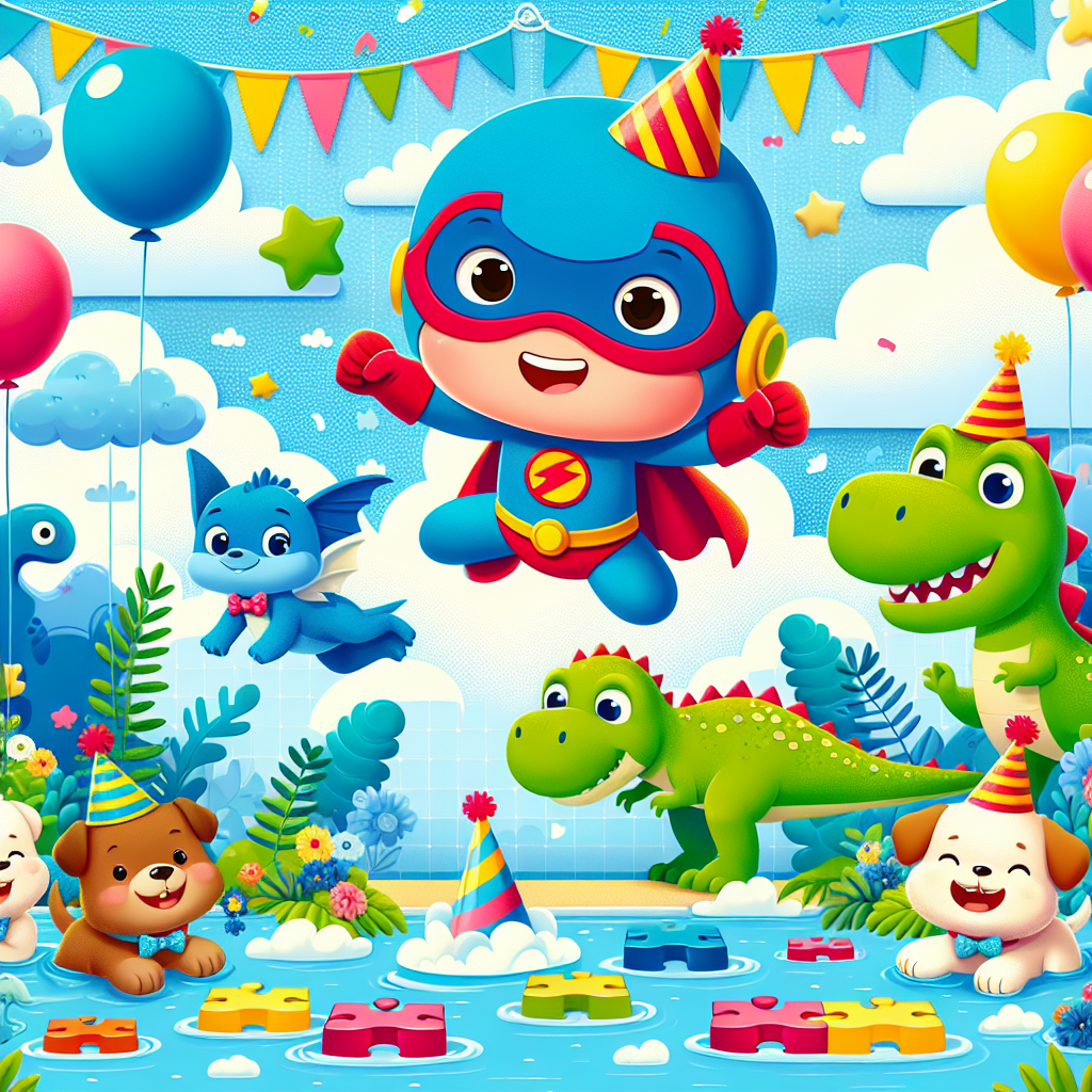 A vibrant, endearing cartoon birthday scene, where a generic superhero in a red and blue suit swings across a backdrop of baby blue dotted with fluffy clouds, as a jovial aqua, animated fish frolics in a bubbly sea at the party's base. Playful dinosaurs of various colors wander amid lush greenery while adorable puppies wearing party hats scamper around, chasing after colorful puzzles scattered throughout the space, adding a touch of whimsy and joy.
Generated with these themes: Spiderman, Baby shark, Dinosaurs, Puppies, and Puzzles.
Made with ❤️ by AI.