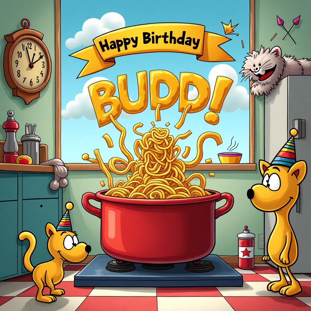 The scene unfolds in a whimsical cartoon kitchen, reminiscent of a playful blend of Peanuts and Calvin and Hobbes, with vibrant colors and exaggerated expressions. The central focus is a gigantic pot of Maggi Noodles, bubbling with enthusiasm on a comically oversized stove. The noodles have sprouted life, with a noodle-formed character, Noodly McWiggle, joyfully diving in and out of the pot, its noodly limbs flailing in delight. Around the pot, a cheerful assortment of animated kitchen items join the celebration. A dancing salt shaker and a shimmying pepper mill are engaged in a jubilant jig, while a saucepan dons a colorful party hat, perched jauntily on its handle. 

Above them, a festive "Happy Birthday Buddi" banner, crafted entirely from twisted Maggi Noodles, arches across the top of the scene, each letter a curly golden noodle. On the side, a wall clock humorously shaped like a noodle packet ticks away, its hands made of forks twirling around a smiling noodle face. To add a touch of enchantment, a friendly cartoon cat, inspired by Walt Disney's classic charm, peeks from behind the fridge, with whiskers twitching and eyes wide in playful curiosity. 

In the background, a window reveals a serene blue sky dotted with fluffy clouds, where a cloud resembling a steaming bowl of Maggi drifts by, with a few mischievous noodles sneaking out of the sides, as if inviting Buddi to an aerial noodle feast. The floor tiles are checkered, echoing a comic strip vibe, while a stray noodle dangles from the edge of a chair, indicating the light-hearted chaos of the scene. The entire composition dances with life, celebrating Buddi's birthday in a uniquely noodle-tastic way.
Generated with these themes: Maggi Noodles.
Made with ❤️ by AI.
