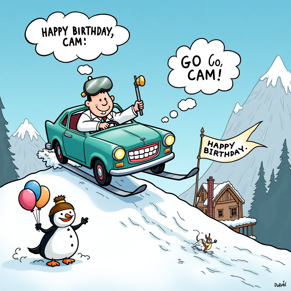 In a whimsical, snow-covered alpine setting reminiscent of a classic Charles Schulz scene, we find a quirky mash-up of characters and elements that tell a delightful birthday tale. At the center, a car precariously balanced on the peak of a steep, snow-laden hill, with skis comically attached to its wheels, ready to swoosh down the slope. Behind the wheel, a dapper cartoon dentist, dressed in a white lab coat with a head mirror that reflects the sunlight like a tiny disco ball, grins mischievously. His dental drill is creatively repurposed as the car's gear stick. The car's hood is a giant, smiling set of dentures, showing off a row of sparkling cartoon teeth. 

Above, the sky is a crisp, vibrant blue with fluffy white clouds that spell out "Happy Birthday, Cam!" in playful, loopy script, as if written by the wind itself. A nearby tree, its branches drooping with snow, has balloons tied to it, the colorful balloons swaying gently in the chilly breeze. Nestled in the snow at the base of the hill is a tiny snowman, sporting a ski mask and a dental mirror in its twig-hand, enthusiastically cheering on the dentist's adventurous ride with a miniature "Go Cam!" banner held high.

In the background, a trail of cartoon animals, including a curious squirrel with an acorn-shaped toothbrush and a penguin wearing a tiny tooth cap, gather at the edge of the slope, their eyes wide with anticipation, ready to witness this extraordinary downhill dental skiing spectacle. A banner fluttering from a nearby chalet reads "Happy Birthday Cam!" in bold, cheerful letters, completing this unique and humorous birthday scene that pays tribute to the artistry of beloved cartoonists.
Generated with these themes: Dentist in a car skiing.
Made with ❤️ by AI.