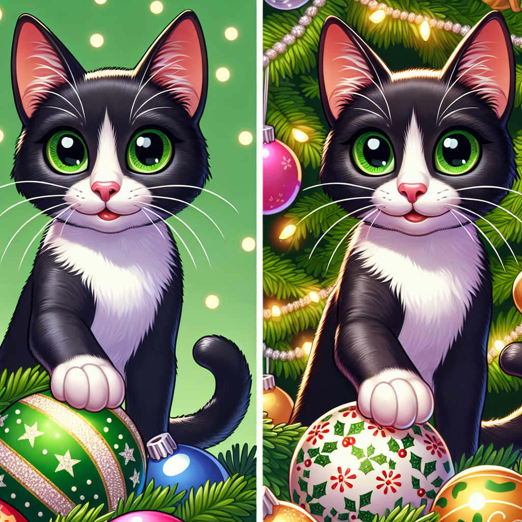 A festive cartoon scene unfolds with an adult domestic shorthair cat as the star. Slender in build, its black and white coat glistens against the backdrop of a Christmas setting. Its striking green eyes gleam with curiosity as it playfully paws at the ornaments hanging from the beautifully decorated evergreen tree.
.
Made with ❤️ by AI.