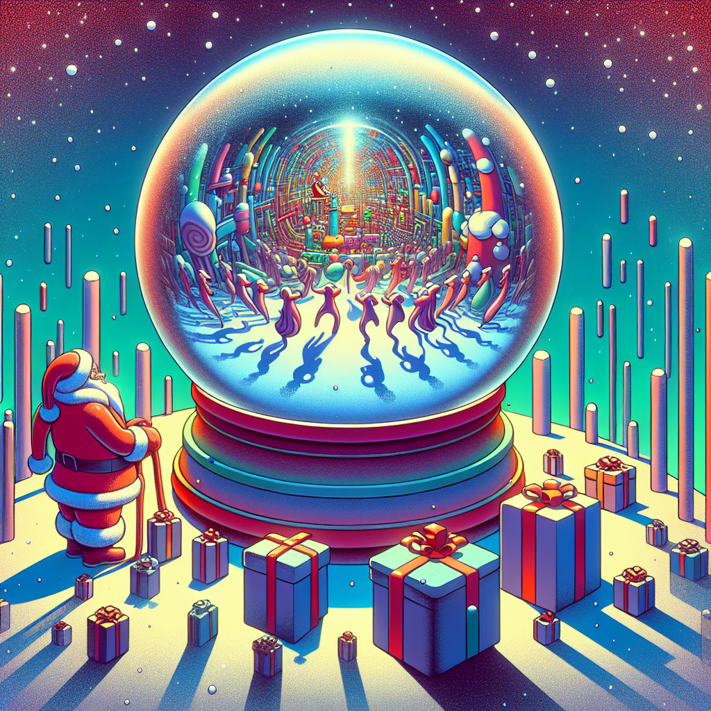 The snow globe dominates an abstract scene, its glass reflecting an explosion of colors as Santa peers out. Around him, presents warp the space like gravitational anomalies, and elongated, shadowy elves pirouette through the snow, their laughter a distant echo in the otherworldly holiday landscape.
Generated with these themes: santa in a snowglobe, lots of presents and snow and elves..
Made with ❤️ by AI.