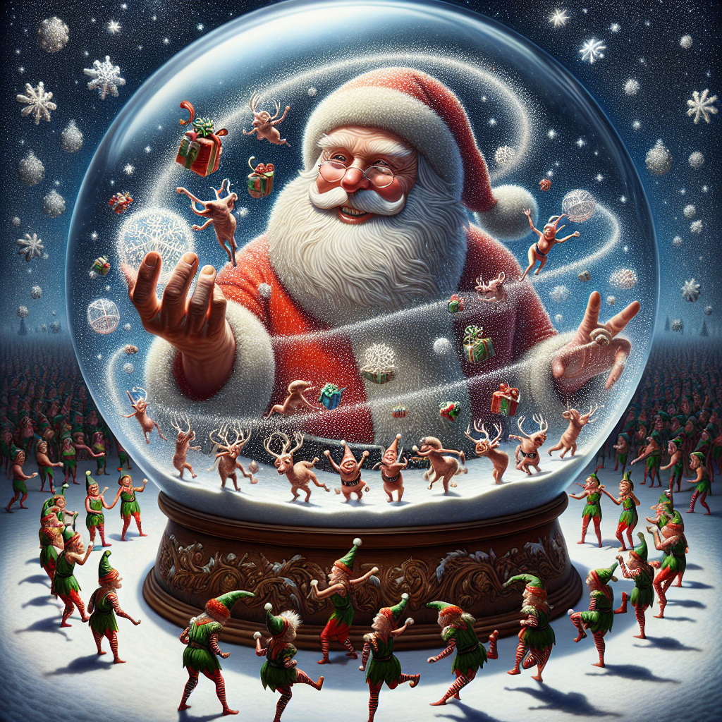 Santa appears entrapped inside a large swirling snow globe, with snowflakes suspending in a liquid atmosphere of gleaming stars. Elves, with elongated limbs and exaggerated expressions, cartwheel around the globe, distributing gifts that morph into different shapes as they touch the ground.
Generated with these themes: santa in a snowglobe, lots of presents and snow and elves..
Made with ❤️ by AI.