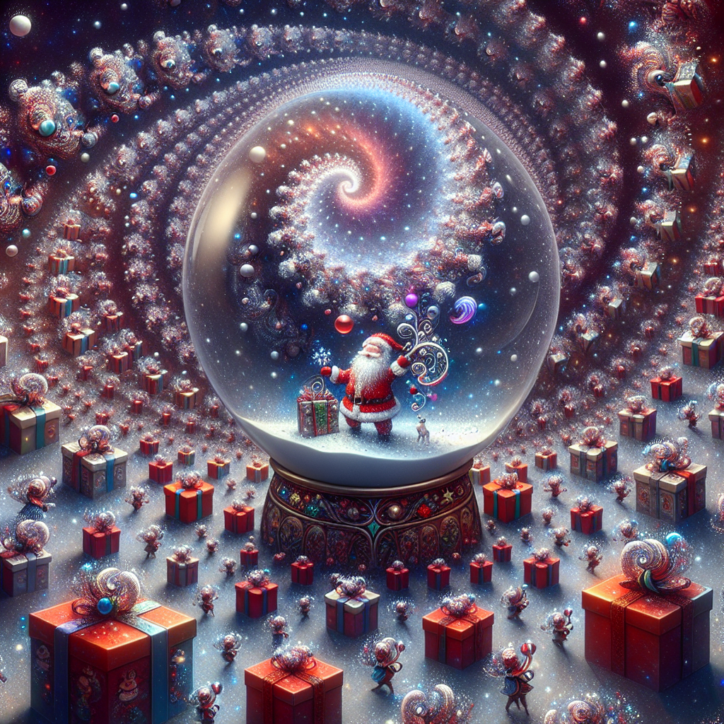 In an abstract expanse, a snow globe contains a minuscule Santa, overseeing a vortex of snow that blends into the starry yonder. Around the globe, presents cascade in a surreal fashion, some levitating, while elfin figures dance in fractal patterns, blurring the line between the festive and the fantastical.
Generated with these themes: santa in a snowglobe, lots of presents and snow and elves..
Made with ❤️ by AI.