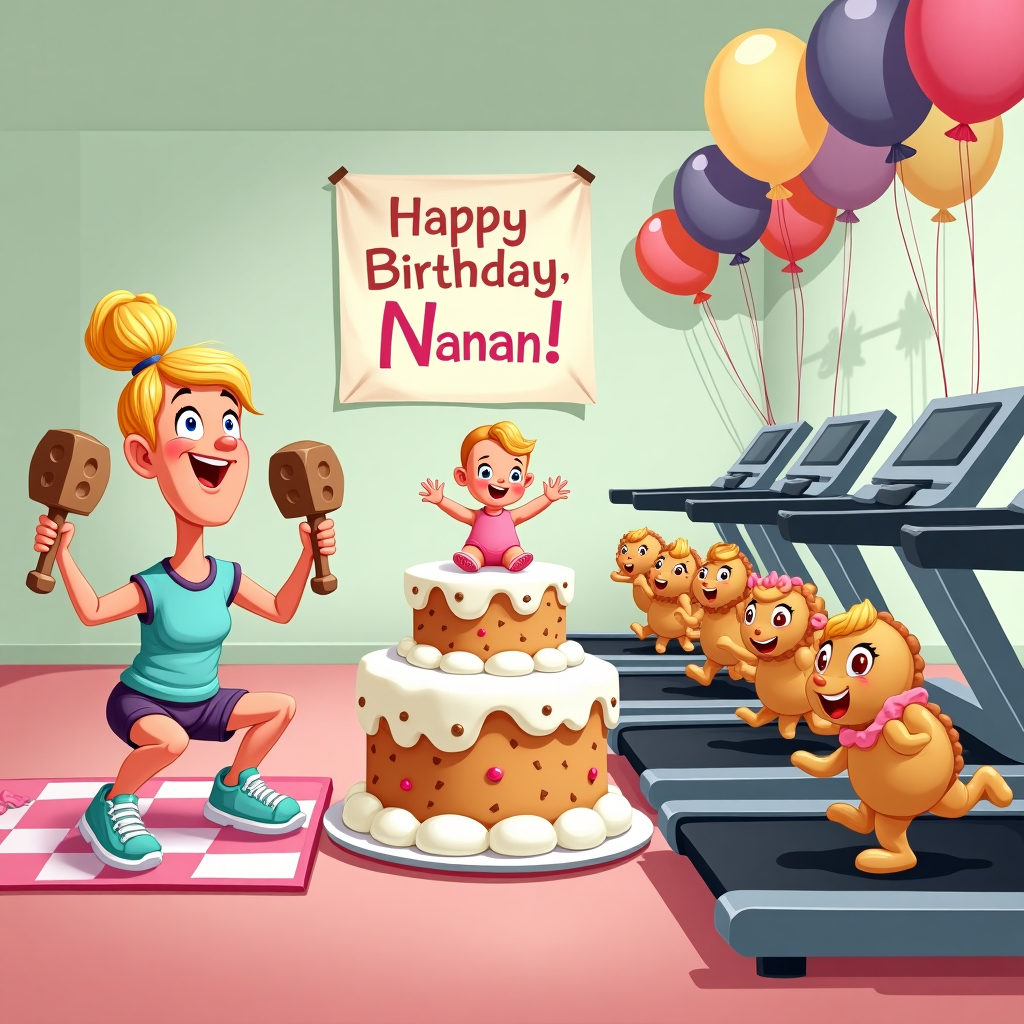 In a whimsical, bustling cartoon gym-bakery hybrid, the scene unfolds with vivid, playful details. On the left, Grandma, a spirited blonde with her hair tied in a high bun and donned in pastel-colored gym gear, is lifting dumbbells shaped like rolling pins. She's mid-squat, her sneakers patterned with tiny cupcakes, and she's smiling broadly, showcasing her impressive multitasking skills. Her gym mat is designed like a checkerboard cake, adding a quirky twist. Nearby, a blonde baby girl, dressed in a pink onesie with tiny weights embroidered on it, is seated atop a giant, fluffy cloud of frosting that spills over a towering birthday cake. The baby gleefully claps her tiny hands, watching with wide, curious eyes as a line of animated cookies marches by, each cookie sporting a sweatband and tiny weights. Above this delightful scene, colorful balloons float in the air, spelling out "Happy Birthday, Nanan!" in a playful, candy-striped font. To the right, a large banner stretches across a row of treadmills, each one occupied by animated pastries doing their best to jog, their icing and sprinkles bouncing in unison. The entire scene is a joyous, whimsical blend of gym and baking themes, capturing the playful spirit of the celebration with each element carefully intertwined to create a fantastical world where fitness meets confectionery delights.
Generated with these themes: Grandma blonde, Baby girl blonde, Gym, and Baking.
Made with ❤️ by AI.