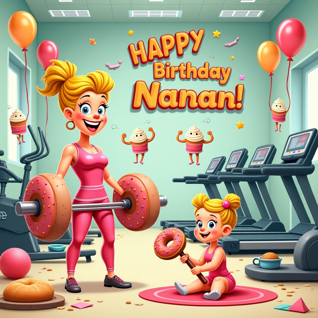 In the whimsical world of our greeting card, a delightful scene unfolds in a vibrant gym-turned-bakery. The card's front features a bustling cartoon gym, reimagined with a playful twist: oversized kettlebells shaped like cupcakes and a treadmill that looks like a conveyor belt for baking goodies. To the left, a lively Grandma with a shock of blonde hair, styled in a retro beehive, is decked out in vintage gym wear with neon pink leg warmers. She is enthusiastically lifting a barbell that appears to be crafted from two gigantic doughnuts with colorful sprinkles. Her face is lit up with a mischievous grin, embodying the spirit of fun. Beside her, a baby girl, also sporting blonde hair in adorable pigtails, is giggling while sitting on a yoga mat, playing with a rolling pin that has been whimsically transformed into a baby rattle with tiny cake decorations. Above this lively duo, balloons form the words "Happy Birthday Nanan!" in bright, bold letters, floating in the air with little stars and confetti sprinkled around them. In the background, a row of gym machines has been humorously repurposed, with treadmills churning out loaves of bread and a stationary bike mixing batter in a large bowl. The walls are decorated with banners depicting cartoon cupcakes flexing their frosting muscles, adding to the amusing charm of the scene. The floor is scattered with various fitness and baking items, like dumbbells doubling as rolling pins and yoga balls looking like giant cookies. This amusing blend of gym and bakery themes sets the stage for a birthday card that celebrates "Nanan" with joy and laughter.
Generated with these themes: Grandma blonde, Baby girl blonde, Gym, and Baking.
Made with ❤️ by AI.
