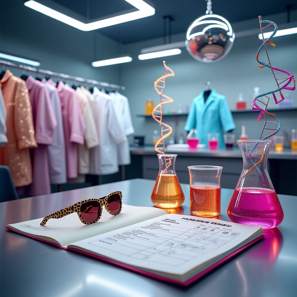 At the top of the realistic photograph image, *Happy Mother's Day, Mom — You’re the original blueprint of fabulous!*

A humorous and hyper-realistic photograph of a trendy modern science lab with a glamorous twist: glittery lab coats hung on hooks, leopard print safety goggles tossed on a counter, and beakers filled with shimmering pink and gold liquid bubbling gently. On a sleek metallic lab table sits an open folder labeled “TOP SECRET: FABULOUS GENES.” Nearby, a pair of stylish sunglasses rest atop a genetic test report that’s marked “100% Iconic.” In the background, a disco ball hangs from the ceiling, catching the light from fluorescent fixtures and scattering sparkle across the room.  

Different colorful DNA strands float throughout the air and wrap whimsically around objects, evenly dispersed through the empty space—vibrant ribbons of blue, purple, and hot pink, twisting elegantly and adding playful flair to the scene.

Text overlay at the center reads in bold, cheeky lettering:  
**“Thanks for sharing your DNA! Now we’re both fabulous!”**
Generated with these themes: greeting card saying "Thanks for sharing your DNA! Now we are both fabulous!" Draw different strands of DNA evenly throughout the blank space..
Made with ❤️ by AI.