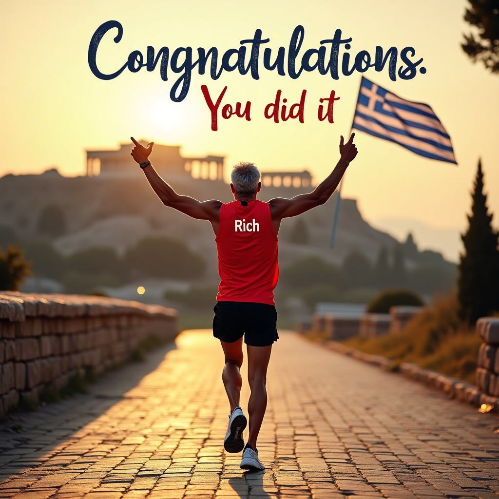 In the foreground of the card, we see the triumphant silhouette of a grey-haired runner with their back turned to us, wearing a vibrant red vest emblazoned with the name "Rich" across the shoulders. Their hands are jubilantly raised in victory as they cross a well-worn paved road that snakes through the historical landscape. The runner's black shorts and spotless white trainers contrast sharply with the warm tones of the ancient cobblestones underfoot, which hint at the many stories and footsteps they have borne through the centuries. In the middle ground, the iconic Acropolis stands majestically on its elevated rocky outcrop, bathed in the golden glow of a setting sun. Its timeless Parthenon, with its stately columns, is unmistakably recognizable, symbolizing both heritage and achievement. Nearby, a proud Greek flag flutters gently in the Athenian breeze, its blue and white stripes catching the light, a nod to the runner's place within this historic setting. Above the scene, in a celebratory arch across the sky, the words "Congratulations. You did it!" are elegantly scripted in a bold yet playful font, their shadow falling softly on the landscape below, integrating seamlessly into the scene. The overall composition draws the viewer's eye from the runner’s victory to the historical splendor around them, creating a vivid tapestry that celebrates both personal triumph and cultural legacy.
Generated with these themes: Back of grey haired runner with hands in air wearing red vest with Rich on it, black shorts and white trainers, Athens, acropolis, Greek flag, Paved road, and Congratulations. You did it!.
Made with ❤️ by AI.