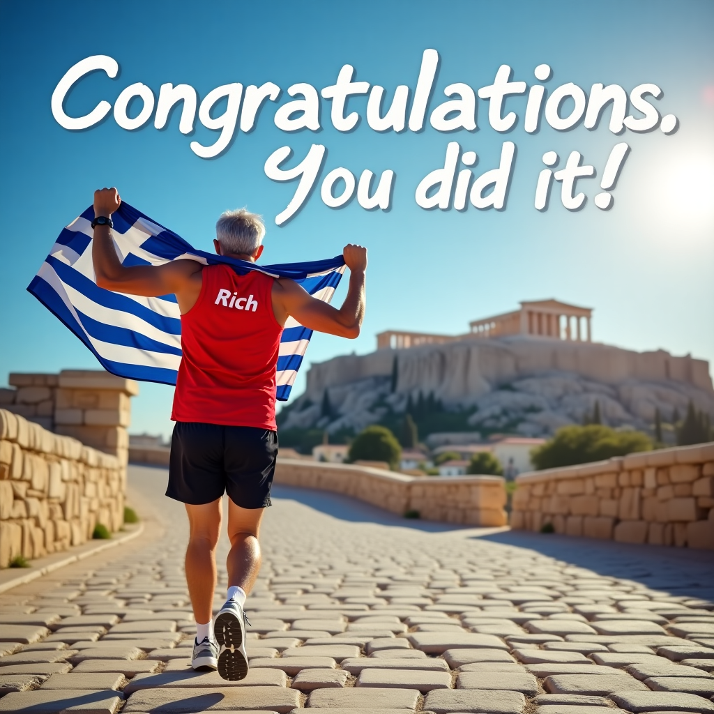 Picture a bright and lively scene set on a historic cobblestone road in Athens, where the grandeur of the Acropolis looms majestically in the background under a clear blue sky. The sun casts a warm, golden light that reflects off the ancient stones, creating a vivid play of shadows. In the foreground, a triumphant grey-haired runner, proudly donning a red vest with the name "Rich" emblazoned across it, raises his hands in jubilant victory. His black shorts and pristine white trainers complete the athletic ensemble, capturing his vitality and determination. Draped over his shoulder, the iconic blue and white stripes of the Greek flag flutter gently in the breeze, signifying his achievement in this historic city. Above this spirited scene, the words "Congratulations. You did it!" are etched in bold, dynamic letters across the sky, as if written by the hands of the gods themselves. The composition tells a story of accomplishment and the intertwining of personal triumph with a city steeped in rich history. The scene is vibrant and full of life, conveying a sense of pride and celebration that captures the essence of the achievement being honored.
Generated with these themes: Back of grey haired runner with hands in air wearing red vest with Rich on it, black shorts and white trainers, Athens, acropolis, Greek flag, Paved road, and Congratulations. You did it!.
Made with ❤️ by AI.