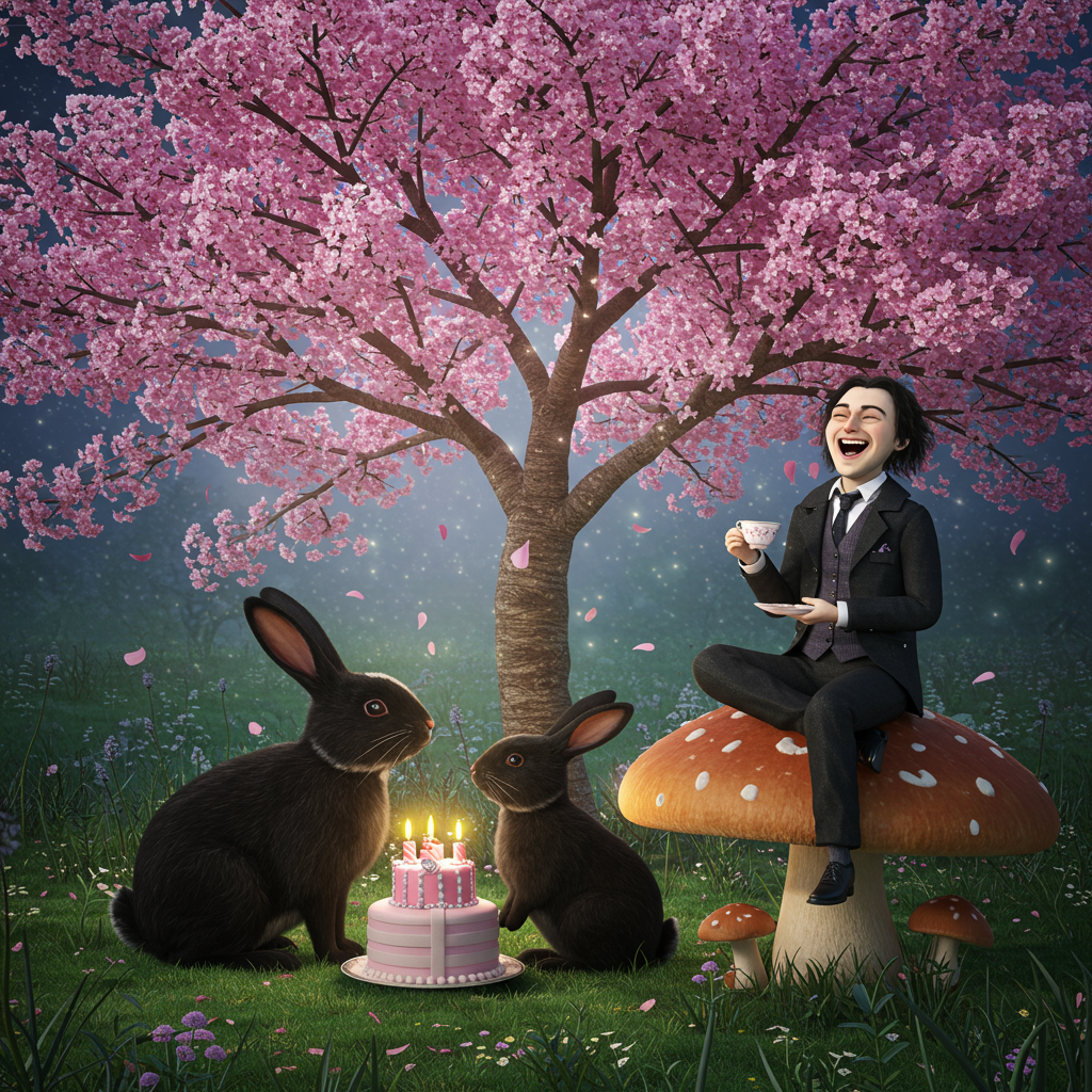 Black rabbit with a white nose, Black lop rabbit, Cherry tree , Bob Mortimer , Gothic , and Birthday Card