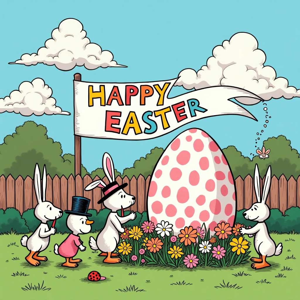 In the vibrant illustration, the viewer is drawn into a whimsical Easter garden brimming with colorful chaos. At the forefront, a playful group of rabbits, sporting cartoonish expressions inspired by Charles Schulz’s Peanuts, are busy organizing an unconventional Easter egg hunt. These rabbits, with their oversized floppy ears and mischievous grins, are painting a giant Easter egg that whimsically resembles the iconic face of Astro Boy, nodding to Osamu Tezuka's pioneering manga style. This egg stands tall among a patch of bright daisies, whose petals appear to be clapping in excitement like Disney's enchanted flora.

To the left, a duo of ducks waddle gleefully, each sporting a top hat reminiscent of Gary Larson's quirky characters in The Far Side. These ducks are carrying a long banner in their beaks that swoops elegantly across the scene. The banner reads "Happy Easter" in colorful, bubbly letters that dance playfully across its length, as though tossed by the breeze. The recipient's name is cleverly integrated into the sky, formed by fluffy clouds that resemble R. Crumb's expressive line work, floating in a cartoonishly blue sky overhead.

In the background, a quaint garden fence, designed in a Tintin-esque style with meticulous lines and vivid detail, encloses this merry scene. Beyond the fence, a mischievous rabbit pokes its head out from behind a bush, peering curiously at the shenanigans, while a daisy, decked in Watterson-like humor, seems to be engaged in a lively conversation with a passing ladybug, its petal pointing like a finger.

Overall, this Easter garden is a delightful symphony of characters and elements, each contributing to the playful narrative and vivid storytelling, inspired by some of the most beloved artists. The scene is a celebration of creativity and joy, where every element interplays in a vibrant dance of color and humor, perfect for an Easter greeting card.
Generated with these themes: Easter eggs , Rabbits, Garden , Daisy's , and Ducks .
Made with ❤️ by AI.