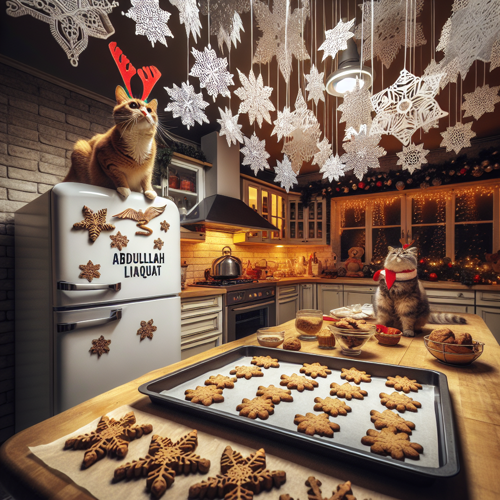 A warm, cozy Christmas kitchen overflows with the aroma of fresh-baked cookies, while a cat with reindeer antlers perched mischievously atop the refrigerator oversees the baking mayhem. Paper snowflakes hang from the ceiling with 'Abdullah Liaqat' carefully crafted into the design, adding a personal touch to the festive decor.
Generated with these themes: Cat.
Made with ❤️ by AI.