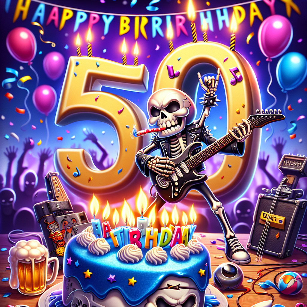 A heartening picture displays a lively birthday setting inspired by rock music culture, reminiscent of hard rock style. The number 50, decorated with electric guitar details, proclaims the celebration of fifty years. In the background, a jubilant atmosphere of balloons and confetti surrounds a playful cartoon skeleton figure based on typical rock band mascots, holding a birthday cake shaped like a beer mug, with candles flickering rhythmically as if to the beat of rock music.
Generated with these themes: Beer iron maiden 50th.
Made with ❤️ by AI.