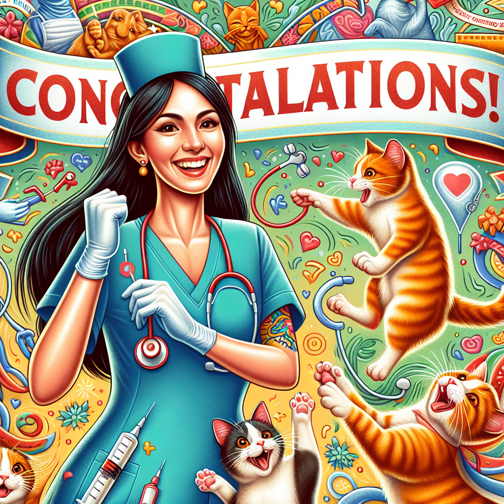 An uplifting and joyful illustration of a Hispanic female nurse, ecstatic about her newly acquired job. She is in the company of a bunch of charming cats playing around her, signifying her deep affection for these creatures. Stretching across the backdrop, there is a banner exclaiming 'Congratulations!', embellished with health-related items symbolizing her triumph against a severe infection called sepsis. The artwork is enriched with a vibrant and inviting color scheme, effectively emanating feelings of accomplishment and contentment.
Generated with these themes: New job, Sepsis, Cats, and Female nurse .
Made with ❤️ by AI.