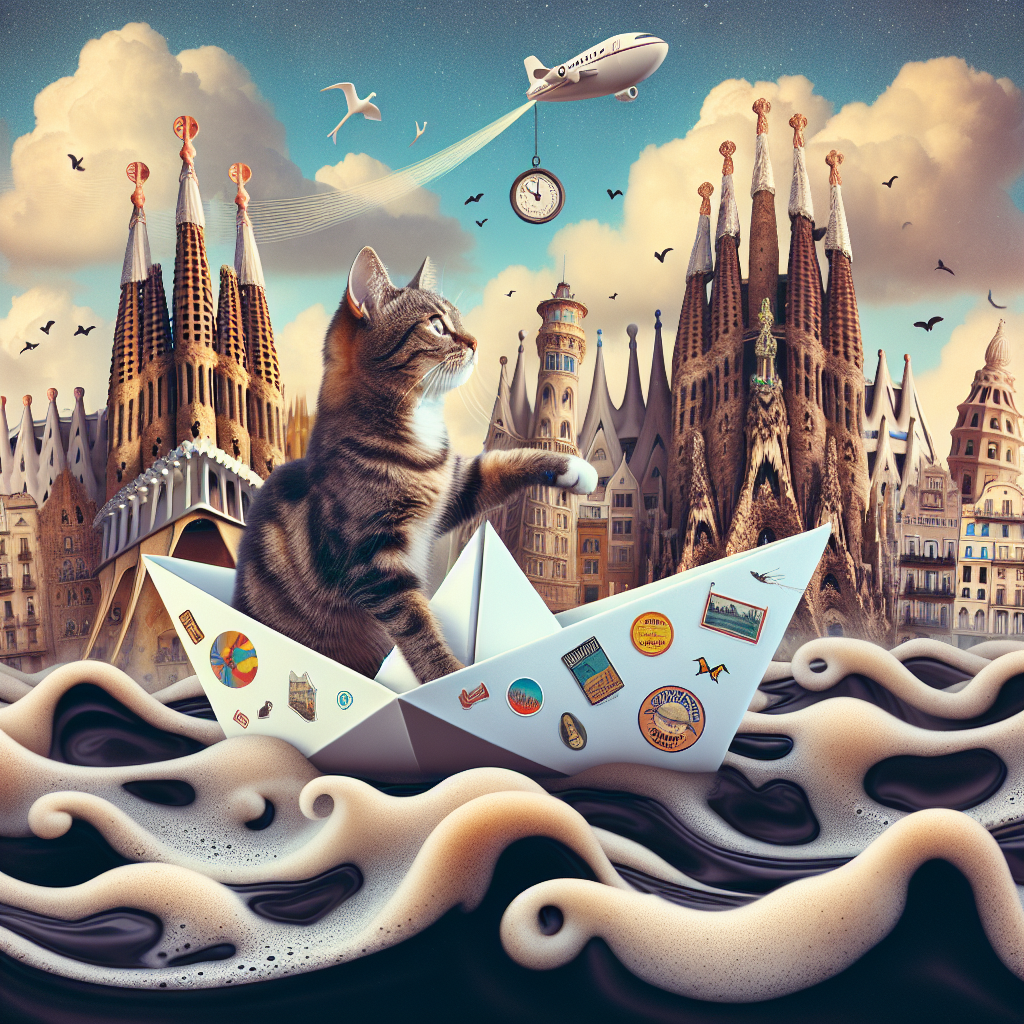 Create a whimsical, surreal illustration where a tabby cat is the captain of a paper boat navigating a sea of dark, foamy brew. The boat is floating towards a fantastical skyline where the buildings bend and warp in a manner reminiscent of late 19th century Art Nouveau architecture, with a specific focus on the evocative design elements of Antoni Gaudi's works. Recognizable landmarks from a historic city, stylized as travel stickers, decorate the vessel while an improbable compass in the shape of a football guides its course. A dreamy sky above is dotted with musical notes, forming a well-known, timeless melody amidst fluffy white clouds.
Generated with these themes: Tabby cat, Guinness, Liverpool , Travel, Football, and Oasis.
Made with ❤️ by AI.