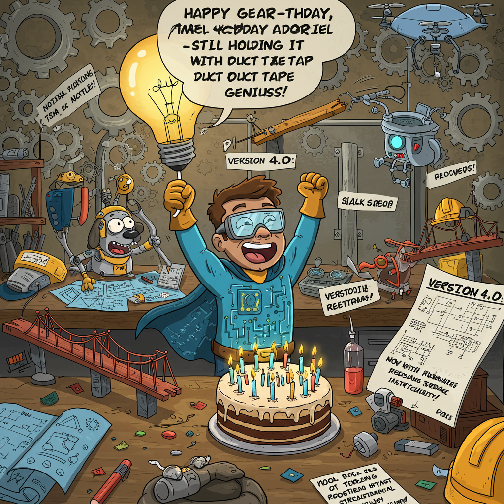 **Image Prompt:**

A cartoon-style scene featuring a chaotic yet hilarious engineering workshop: gears are flying, blueprints are being chewed by a confused robot dog, and a bridge model made from birthday cake and pencils is wobbling dangerously. In the center, Tío Adriel—dressed in a superhero cape made of circuit diagrams—is triumphantly holding up a birthday balloon shaped like an over-engineered light bulb. His safety goggles are fogged up, and a tiny drone is trying to light the candles on a birthday cake labeled "Version 4.0: Now with frosting-resistant structural integrity."

**At the top of the cartoon image:**  
**"Happy Gear-thday, Tío Adriel – Still Holding It Together with Duct Tape & Genius!"**
Generated with these themes: Front Cover: A sleek design featuring gears, circuit patterns, and drafting tools, symbolizing the essence of engineering. In the center, a bold text reads: "Engineering Brilliance, One Year at a Time: Happy Birthday, Adriel!" Inside the Card: On the left side: A graphic of interconnected gears or a bridge under construction, showcasing the creative and technical aspects of engineering. On the right side: A heartfelt message, like: "Happy Birthday to an extraordinary engineer! Your vision, creativity, and dedication inspire everyone around you. May this year bring more incredible designs, successful projects, and fulfilling moments both at work and in life. Here's to celebrating your talent and passion—cheers to you, Uncle Adriel!" Back Cover: A playful tagline like: "Crafted with precision and powered by love." Would you like to add a specific touch related to his favorite projects or achievements? Let me know! We can refine the design even more to make it truly personal..
Made with ❤️ by AI.