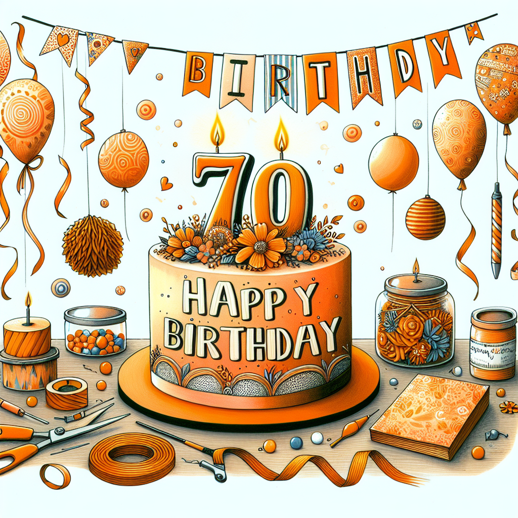 A whimsical illustration celebrating a 70th birthday, filled with do-it-yourself flair. The main attraction is a vibrant orange cake adorned with 'Happy Birthday' in fun, bold lettering. Surrounding the cake are a variety of homemade decorations, including paper streamers and handcrafted balloons in a range of orange hues. The detailed depiction of these DIY elements indicates a warm, personalized ambiance, making the birthday celebration feel more intimate and special.
Generated with these themes: 70, DIY, Happy Birthday, and Orange.
Made with ❤️ by AI.
