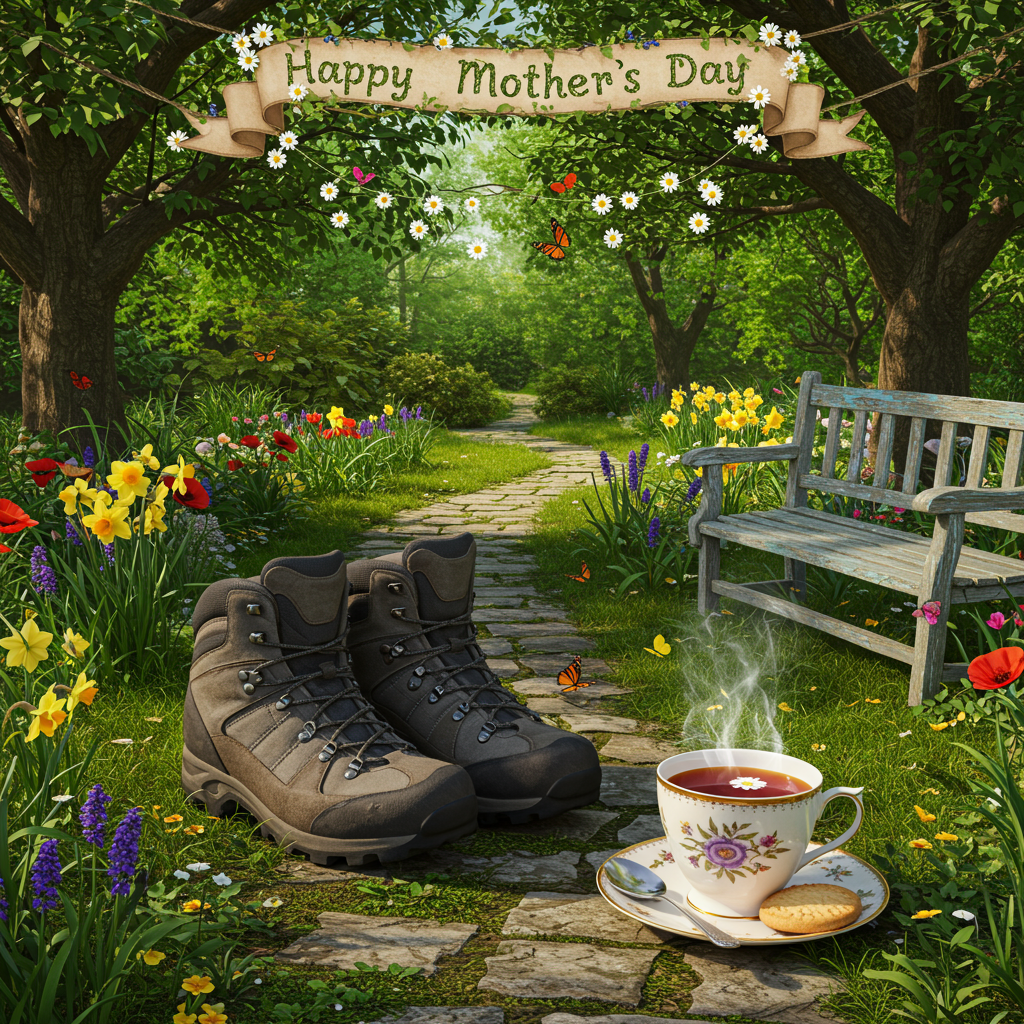 Front Cover Design Description:

1. **Background Setting**: The backdrop is a lush, verdant garden, with varying shades of green that signal the vibrancy of spring. Tall, majestic trees frame the scene, their leaves a rich emerald, occasionally allowing rays of sunlight to pierce through and dapple the ground. A cobblestone path, weathered yet charming, winds through the garden, leading the viewer's eye towards the center of the scene.

2. **Central Element**: Dominating the foreground, a pair of hiking boots—well-loved with scuffs and mud marks—are placed in a casual, relaxed manner on the path. They suggest a pause in a long trek, inviting thoughts of nature exploration and adventure.

3. **Tea Setting**: Near the boots, on a patch of soft, mossy ground, rests a porcelain cup of tea. Its design features delicate floral patterns with hues of blue and pink. Wisps of steam rise from the cup, captured in intricate detail, indicating freshly brewed warmth. Beside it, a silver teaspoon gleams under the sunlight, and a small, dainty plate holds a single biscuit.

4. **Botanical Details**: The garden is dotted with clusters of colorful flowers—vivid reds of poppies, sunny yellows of daffodils, and soft purples of lavender. Butterflies with strikingly intricate wing patterns flutter around the blooms, enhancing the lively garden scene.

5. **Banner Element**: Arched across the upper part of the scene is a banner, seemingly crafted from woven vines and adorned with small, bright flowers. The banner reads "Happy Mother's Day" in elegant, calligraphic script. The letters are formed by intertwining tiny white daisies, with their centers in cheery yellow.

6. **Additional Details**: A rustic wooden bench sits to the side of the path, painted in a peeling, sky-blue shade, inviting rest and reflection. On the bench, a small, open backpack reveals a peek of a folded map and a water bottle, hinting at the lady's hiking journey.

By capturing these vivid, lifelike details, the greeting card invites viewers to immerse themselves in this serene, yet adventurous Mother's Day scene, without directly depicting a mother figure.
Generated with these themes: Lady hiking, Cup of tea, Garden, and Happy Mother's Day banner.
Made with ❤️ by AI.