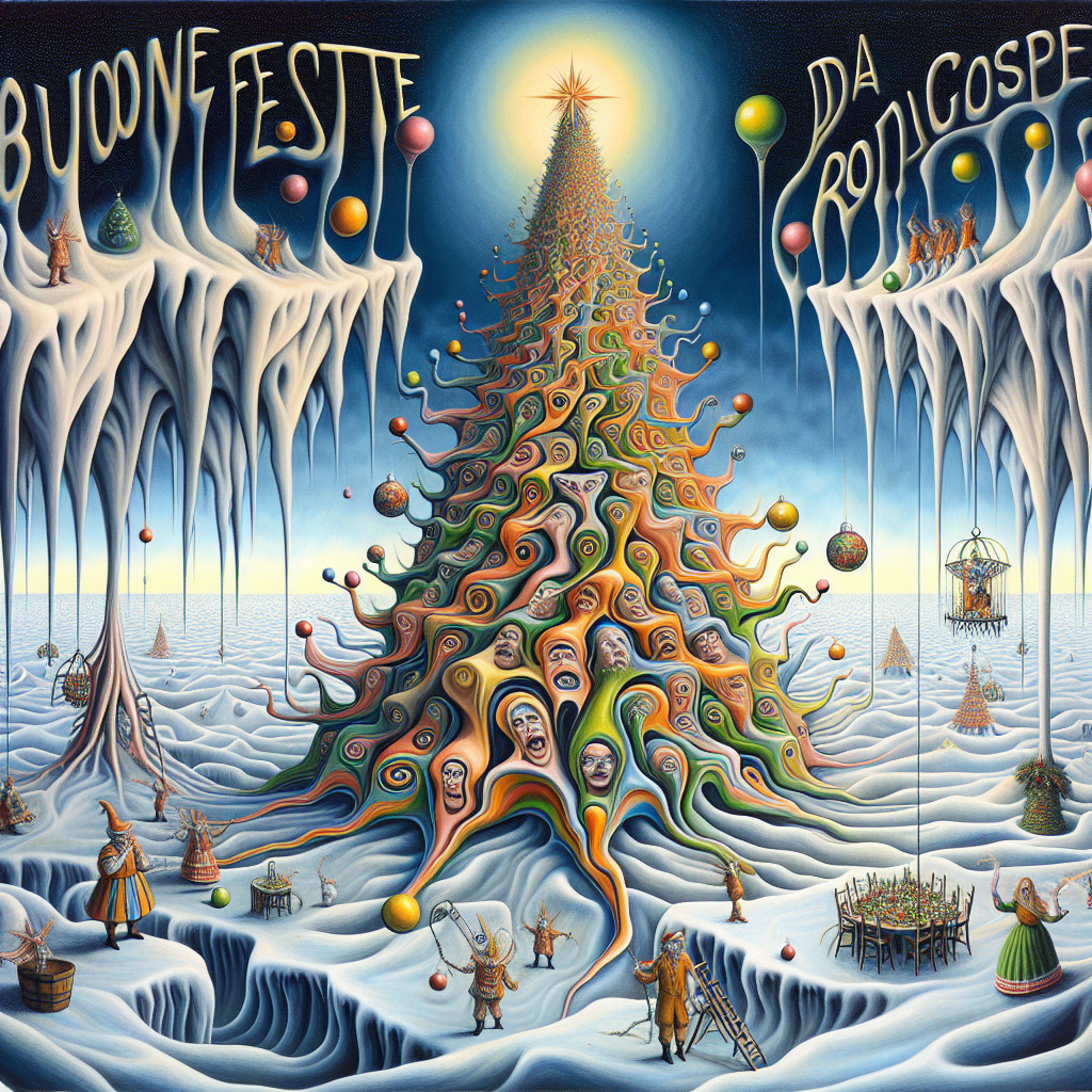 In this surreal illustration, a colossal Christmas tree emerges from a melting landscape reminiscent of a Dali painting. Its branches twist and stretch in impossible directions, adorned with vibrant ornaments that seem to come to life, whispering holiday secrets. Around the tree, a choir of otherworldly creatures are caught in the act of decorating, their forms gently warped by the festive spirit. Hovering above this scene, the message 'Buone feste da Coser Group' is inscribed in the sky by an unseen hand, each letter glowing with a luminous light that ensures no viewer will miss its warm greeting.
Generated with these themes: Christmas three.
Made with ❤️ by AI.