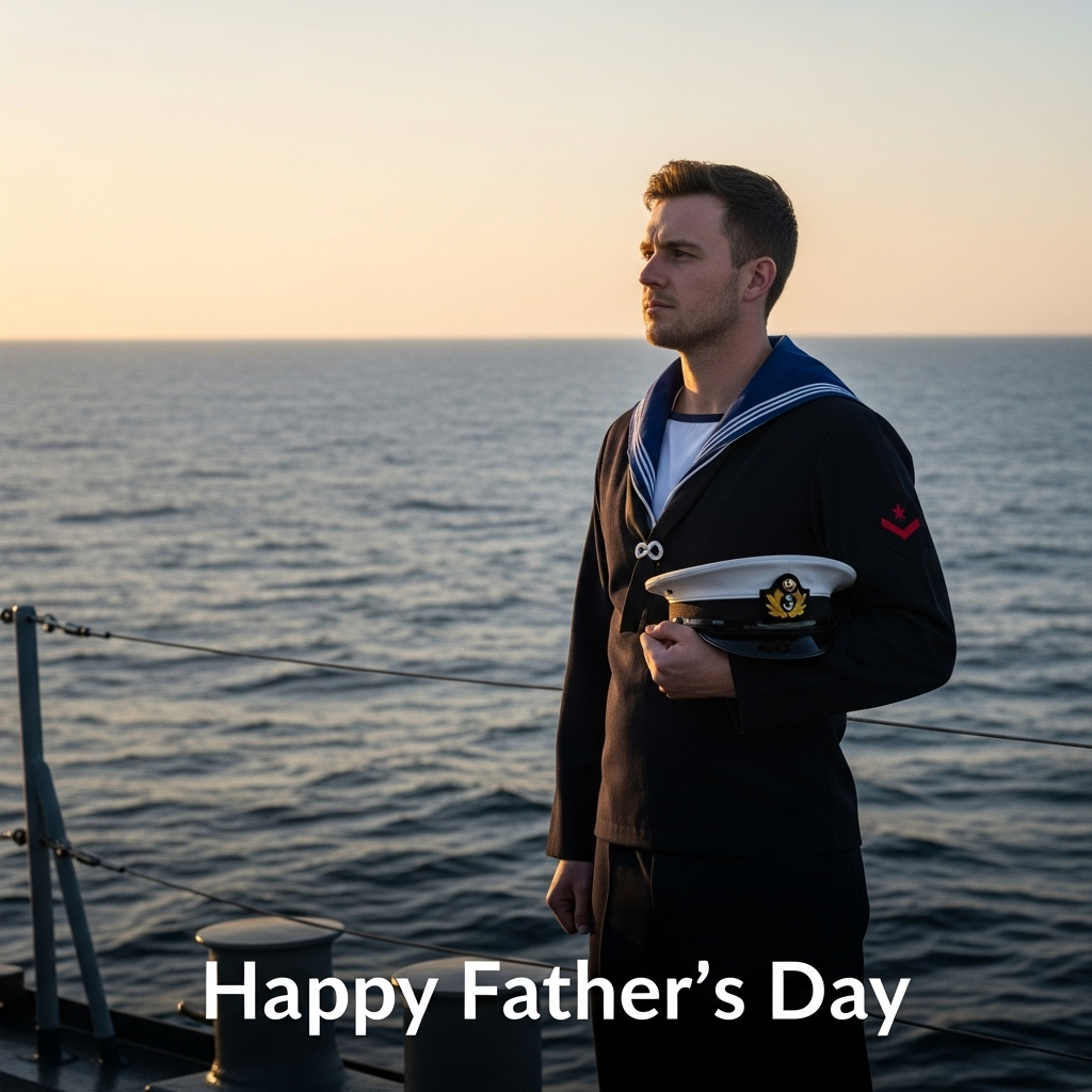 At the bottom of the Photorealistic picture taken from a camera image, the text reads: **Happy Father’s Day**

---

Imagine a breathtaking ultra-high-definition 4K UHD photograph capturing a moment filled with sincerity and depth. In the foreground, a navy crewman stands solemnly on the deck of HMS Coventry, his gaze cast towards the expansive, shimmering sea. He holds his navy sailor's cap gently against his chest, a gesture both respectful and thoughtful.

The scene is beautifully lit, with the warm, golden hues of the setting sun casting a gentle glow on the crewman's uniform and the ship's metal surfaces, enhancing every lifelike texture. The deep blues of the sea contrast vividly with the sky's fading colors, creating a rich depth of field that draws the viewer's eyes from the serene ocean to the horizon beyond.

This poignant and touching image perfectly embodies the essence of Father's Day, a moment of reflection and gratitude for the strong, guiding figures in our lives.
Generated with these themes: Hms coventry, An navy crewman who is looking out towards the sea from Hms Coventry while holding his navy sailors cap against his chest, and .
Made with ❤️ by AI.