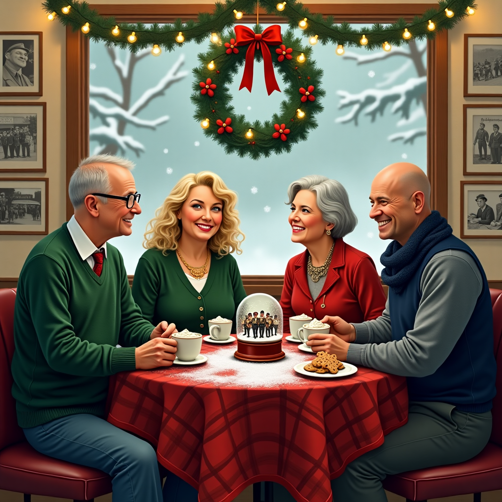 In a quaint, bustling café with frosted windows and twinkling Christmas lights, four friends gather around a small round table decked out in a red plaid tablecloth. At the heart of this cozy scene, an army veteran, jovially plump and bespectacled, sits proudly with his clean-shaven face gleaming. His eyes twinkle behind his glasses, reflecting the string lights from the Christmas tree set beside the table. To his right sits a spirited woman with striking blonde curls cascading over her shoulders, wrapped snugly in a festive green sweater adorned with tiny snowflakes. Across from her, another woman, her hair a dignified grey, wears a deep red cardigan and a gold brooch in the shape of a snowman, sipping hot cocoa topped with whipped cream.

Beside the veteran, a completely bald man—smooth-headed and clean-shaven—wears a navy blue scarf over his simple grey sweater. His mischievous smile suggests he might be plotting the next joke, evident from the playful sparkle in his eyes. Above the table, a whimsical, vintage-style Christmas wreath hangs, complete with miniature bells and ribbons, casting gentle shadows on the laughter-filled faces. The walls of the café are lined with old black-and-white photos of the local town's festive history, giving a nod to the past, much like Norman Rockwell's nostalgic imagery. The floor, a patchwork of weathered wood, holds the scattered footprints of a busy day, yet remains festive with a sprinkle of artificial snow.

On the table, next to the steaming mugs and plates of half-eaten gingerbread cookies, lies a curious, intricate little snow globe featuring a miniature army parade, reminiscent of Maurice Sendak’s detailed scenes. Outside the café window, snow gently falls, creating a picturesque backdrop akin to an Edward Gorey illustration, full of whimsical winter wonder. This tableau of friendship and festive cheer captures the essence of a holiday season where camaraderie and laughter prevail, drawing inspiration from classic artistry and storytelling.
Generated with these themes: Sitting in cafe with friends, Army veteran, Grumpy, Sitting with 2 women and one man, One women is blonde, one is grey and the man is bald, Veteran has no beard and wears glasses, The other man is completely bald and no beard, The bald man isnt fat, and The veteran is plump.
Made with ❤️ by AI.