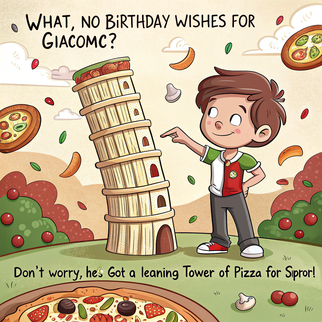 Italian boy, Leaning tower of pizza, and Birthday Card