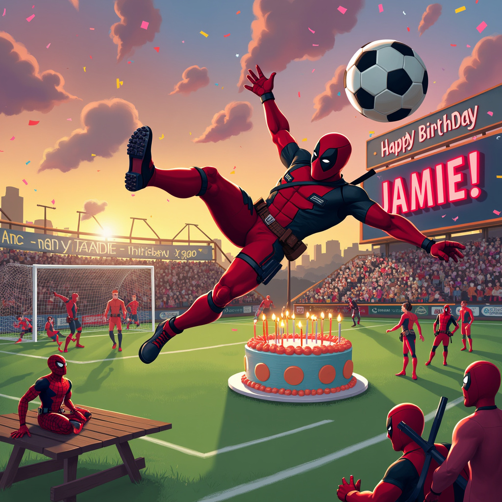 The scene depicts a lively, action-packed soccer field set against a vibrant sunset sky, with the colors blending into shades of orange, pink, and purple. At the center of the field, Deadpool, dressed in his signature red and black suit but with soccer cleats on his feet, is performing an epic bicycle kick, defying the laws of physics as he hovers mid-air. The soccer ball, emblazoned with a cheeky smiley face, is captured just as it's about to soar towards the goal.

On the sideline, a giant scoreboard reads "Happy Birthday Jamie!" in bold, bright letters, with "Jamie" highlighted in flashing neon lights. The crowd in the stands is a mix of typical soccer fans and quirky characters dressed as Deadpool, some holding banners with clever puns like "Goal-pool!" and "Merc with a Kick!"

In the background, there's a large, colorful birthday cake on a picnic table, shaped like a soccer ball, complete with candles. Surrounding the cake are various Deadpool action figures, posed in celebratory stances. Floating above the scene, the clouds are whimsically shaped to spell out "Jamie" in fluffy, cumulus letters, adding a touch of magic to the sky.

To the left of Deadpool, a goalpost is guarded by a bewildered-looking goalkeeper dressed as Spider-Man, who is tangled in the net as he attempts to save the impending goal. Confetti is raining down from above, adding to the festive atmosphere. Every detail combines to tell a vibrant, humorous story, celebrating Jamie's birthday in a unique and memorable way.
Generated with these themes: Deadpool, and Soccer.
Made with ❤️ by AI.