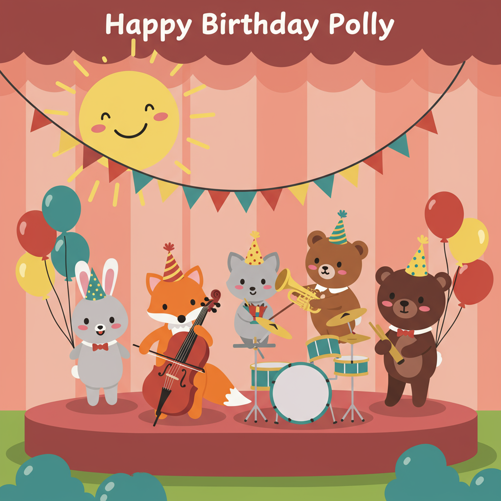 At the top of the Vector Style image, place the text: **Happy birthday Polly**.

**Image Description:**

Create a lively scene featuring a cute animal orchestra performing on a vibrant stage. Imagine a whimsical array of animals like a bunny on a cello, a fox playing a trumpet, and a bear cheerfully drumming. They are surrounded by colorful balloons and a festive banner draped above them. Each animal is dressed in charming little bow ties and party hats, adding to the celebration's joy. In the backdrop, a large, smiling sun beams down warmly, enhancing the delightful ambiance. The whole scene is set in a clean, flat-vector style with solid color blocks, capturing the essence of a cheerful birthday party.
Generated with these themes: Performing , and .
Made with ❤️ by AI.