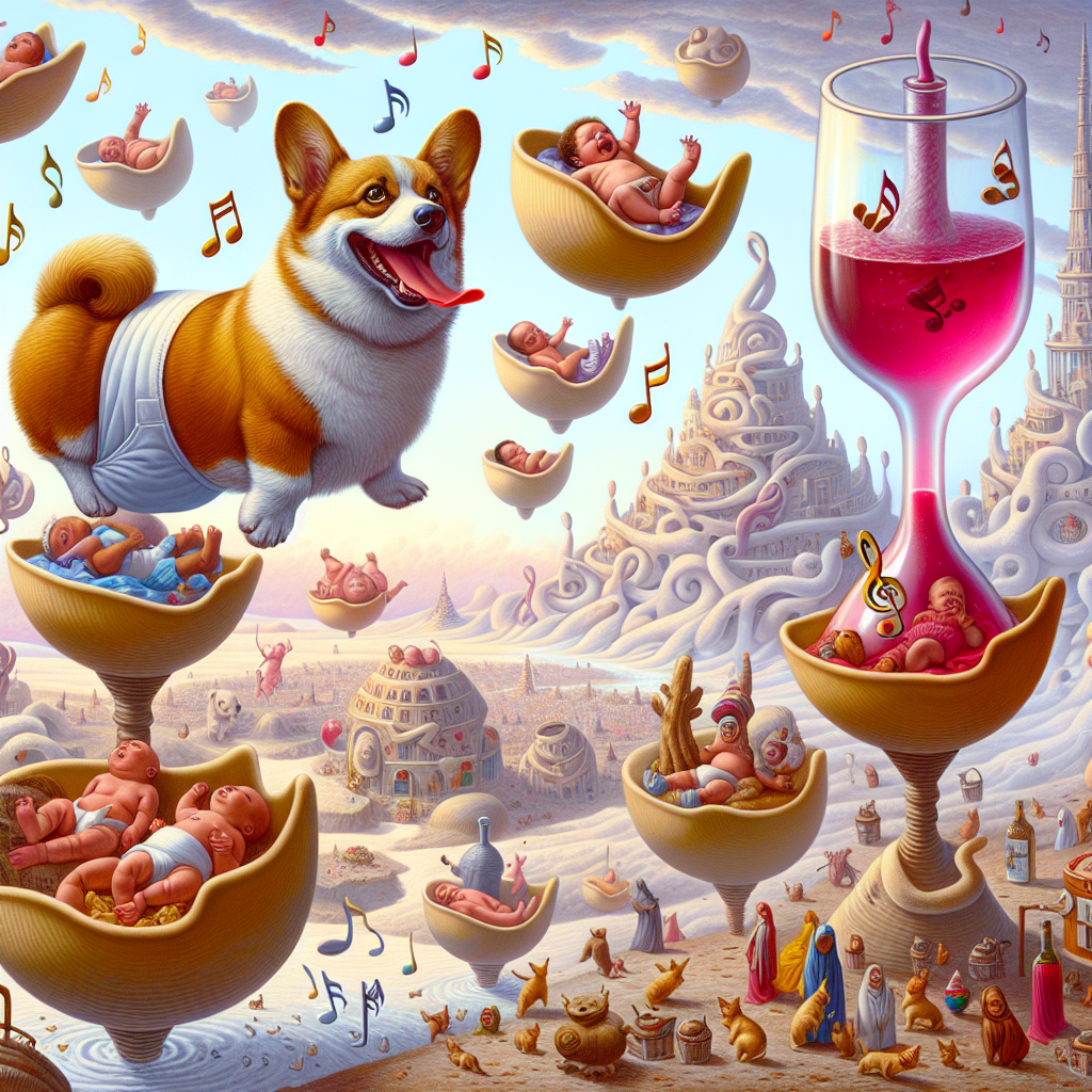 In an imaginatively unusual cartoon landscape, a joyous Corgi dog adorning a nappy prances about amidst levitating islands of gigantic pasta shells which act as rocking cribs for slumbering infants of different descents like Hispanic, Caucasian, Black, Middle-Eastern, and South Asian. Musical symbols such as treble clefs and bass clefs, epitomizing melody, flutter around the spectacle like a mellow wind. In the distance, a towering baby bottle brimming with crimson-hued wine stands, suggesting a salutation to the novelty of life and the festivity surrounding the arrival of a newborn.
Generated with these themes: Corgi, wine, music, pasta .
Made with ❤️ by AI.