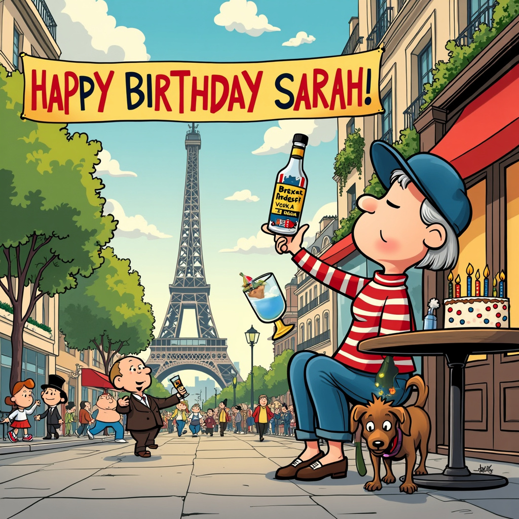 In this vibrant cartoon birthday scene, imagine a bustling Parisian street, reminiscent of Charles Schulz's Peanuts with a hint of Walt Disney's charm. The Eiffel Tower is in the background, adorned with twinkling lights, and cheerful, exaggerated caricatures of French buildings line the street. A chic French poodle, with a stylish beret and a tiny striped shirt, is strutting down the sidewalk. The poodle is playfully carrying a small birthday banner in its mouth that reads, "Joyeux Anniversaire, Sarah!" in colorful letters.

In the foreground, there's a humorous twist – a quirky, elderly woman with exaggeratedly saggy boobs, styled in the playful manner of Gary Larson's The Far Side, is seated at a quaint café table. She's lifting a glass of vodka in a toast, a bottle of "Brexit Vodka" proudly displayed on the table beside her. The label on the bottle features a whimsical illustration of the UK flag morphing into a vodka bottle, capturing the eccentricity of Brexit.

To add an element of manga-inspired fun from Osamu Tezuka, a small, excited cartoon character reminiscent of Astro Boy is jumping in the air, holding a cake with bright candles that spell out "Sarah" in colorful icing. Behind the character, a banner stretched across the street, in a style echoing Hergé’s Tintin, reads, "Happy Birthday Sarah!" in bold, playful letters.

To the left, a group of lively, exaggerated characters, perhaps styled after Bill Watterson's Calvin and Hobbes, are dancing and laughing, adding to the festive atmosphere. One of them, a dapper gentleman in a top hat and monocle, is juggling bottles of vodka, each labeled with a different EU country flag, adding a whimsical touch to the Brexit theme.

Above, in the sky, fluffy clouds spell out "Happy Birthday Sarah!" in a whimsical, almost ethereal style inspired by Winsor McCay’s Little Nemo in Slumberland, making it look like a dreamlike celebration.

This eclectic scene is bustling with details and references, blending the various inspirations into a cohesive, delightful, and humorous birthday celebration for Sarah.
Generated with these themes: French poodle, Saggy boobs, Brexit, and Vodka.
Made with ❤️ by AI.