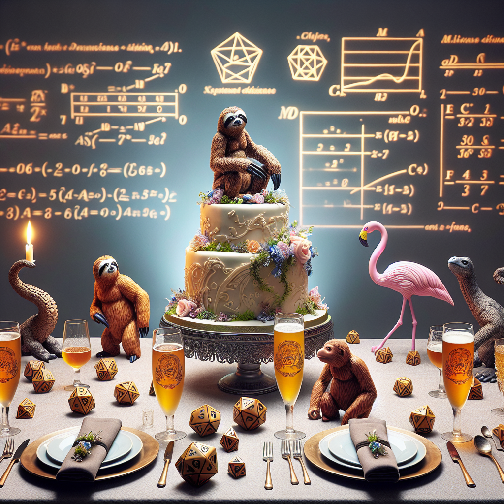 Imagine a beautifully decorated anniversary space. It's an enchanting fusion of nature and whimsical elements. In the middle of this setting, is a large, intricately designed cake, accurately and realistically adorned with edible decorations resembling sloths, gibbons, and flamingos. Each table is set with unique placeholders, handcrafted to emulate the shape of Dungeons & Dragons dice. The glassware at each place setting boasts elegant etchings of mathematical equations, mirroring the dazzling intellect of the married couple. Sounds of laughter and the striking of glasses reverberate through the air, as the free-flowing craft beer, handpicked to suit the couple's taste, is being enjoyed throughout the celebration, leading to toasts devoted to everlasting love.
Generated with these themes: Sloths, D&D, Gibbons, Flamingos, Maths, and Craft Beer .
Made with ❤️ by AI.