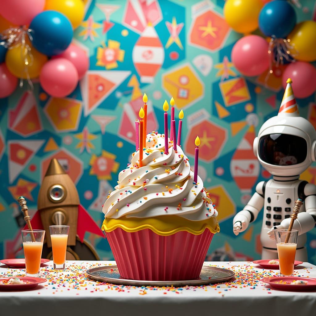 An abstract, birthday-themed launch party scene, bustling with colorful geometric shapes. A large, whimsical cake sits in the center of the room atop a confetti-patterned tablecloth. The cake is shaped like an oversized cupcake and is adorned with bright, non-traditional candles that bend and curl in various directions. Around the room, clusters of hexagonal balloons float, each featuring a playful, distorted image of a rocket ship, symbolizing the 'launch' aspect of the party. The walls are draped with a vibrant mosaic of triangular banners, each displaying an abstract version of party hats, gifts, and streamers. In one corner, a life-sized, cardboard cutout astronaut wears a party hat and invites guests to pose for an interactive photo. The beverage station is staffed by a robotic arm mixing drinks, which are served in test tube-shaped glasses. Every table has a centerpiece consisting of a small, artistic replica of a rocket with rings of miniature planets orbiting around it on thin, metal arms.
Generated with these themes: Launch party.
Made with ❤️ by AI.