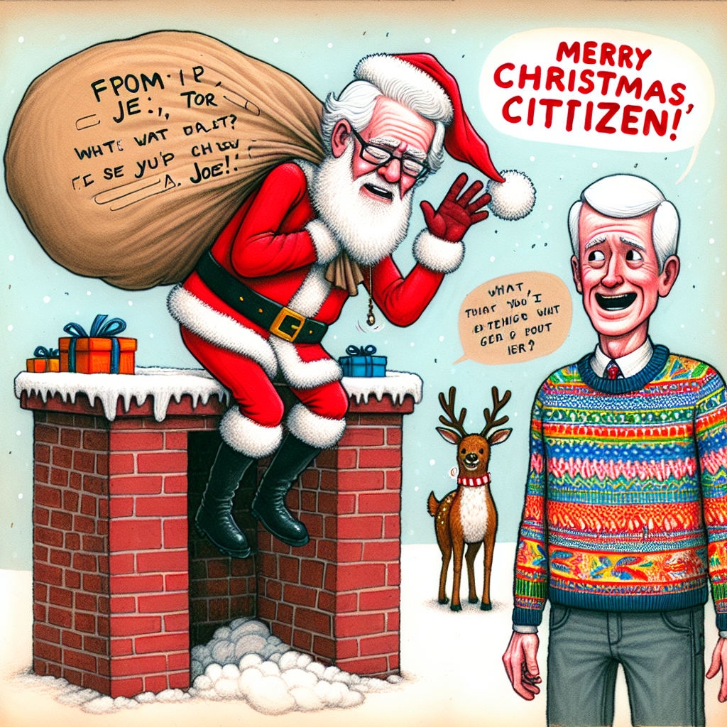 A whimsical illustration depicts President Joe Biden wearing a Santa hat, stuck halfway down a chimney with a bag of gifts labeled 'From: Joe, To: Andrew Tate.' Below, a cartoonish Andrew Tate, sporting a festive ugly sweater, looks on bewildered with a speech bubble reading 'Merry Christmas, Andrew Tate!' as a reindeer chuckles in the background.
Generated with these themes: President joe biden.
Made with ❤️ by AI.