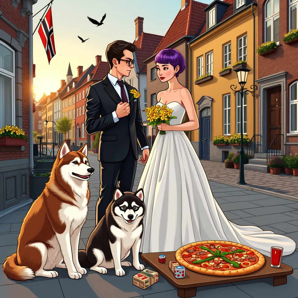 The scene unfolds in front of a charming Copenhagen registry office, its historic architecture adorned with quaint, multicolored bricks and whimsical turrets. Above the doorway, a Danish flag flutters in the gentle breeze. The setting sun casts a golden hue across the scene, painting the surroundings in a warm light.

In the foreground, two adorable female Malamutes take center stage: one brown and white, the other black and white. They sit proudly on either side of the registry office steps, their eyes sparkling with joy. Each Malamute has a daffodil tucked behind its ear, adding a touch of vibrant yellow to their fluffy fur.

To the left, the groom stands, a dark-haired gentleman with stylish glasses and a classic black suit, nervously adjusting his tie. His gaze is fixed lovingly on the bride. On the right, the bride radiates joy with her striking short, purple hair and a chic, short white dress that flows just above her knees. She holds a small bouquet of daffodils, mirroring the flowers in the Malamutes' ears.

Beside the groom, a rustic wooden table displays a mouth-watering pizza with an array of toppings, as if ready to be shared by all. Beside the pizza, a couple of iconic Danish board games are stacked, hinting at a playful and fun celebration to come.

In the background, a line of colorful townhouses stretches down the street, each building decorated with flower boxes bursting with vibrant blooms. Above the scene, a few cartoonish birds—perhaps drawn in the playful style of Schulz’s Peanuts—fly across the sky, adding an extra touch of whimsy.

All these elements come together to tell a unique, joyful story of love and celebration, perfectly blending the personal and the picturesque.
Generated with these themes: Brown and white female malamute, Black and white female malamute , Copenhagen , Pizza , Dark haired groom with glasses , Purple haired bride with short white dress , Registry office, Daffodils, Board games , and Danish flag .
Made with ❤️ by AI.