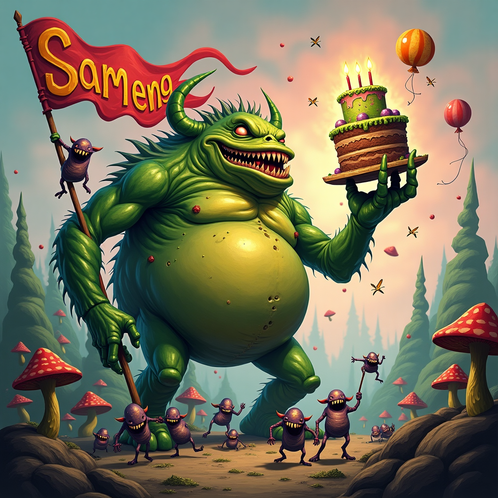 The scene bursts with vibrant colors, exaggerated cartoonish characters, and a surreal twist, reminiscent of a fantastical birthday party where the Warhammer universe collides with festive celebration.

At the center, a towering Great Unclean One stands with a grotesquely jovial grin, its massive, bloated form overflowing with exaggerated folds and wrinkles in sickly shades of green and yellow. Its gnarled fingers delicately hold an oversized birthday cake, decorated with luminous green frosting, speckled with purple pustules mimicking candles. The cake is comically small compared to the hulking creature, yet it stands triumphantly.

Around the Great Unclean One, numerous tiny Nurglings cavort joyfully, each uniquely bizarre with exaggerated features like bulbous eyes, mischievous grins, and jagged, cartoon-like teeth. Their skin is a vibrant mix of greens, yellows, and purples, giving them an almost whimsical appearance. Some of the Nurglings attempt to climb the Great Unclean One to reach the cake, their tiny hands stretching upwards.

In the foreground, a vibrant banner arcs across the scene, held aloft by two Nurglings. The banner is festooned with chaotic patterns and is emblazoned with the name "Sam" in large, playful, bouncy lettering, reminiscent of vintage comic strip fonts. The letters are in contrasting bright orange, popping against the murky background.

The background showcases an exaggeratedly warped landscape, reminiscent of something from Little Nemo's dreamscapes, with rolling hills and twisted trees in hues of dark green and charcoal, dotted with cartoonish, oversized mushrooms. Above, the sky is a swirling mix of pastel pinks and blues, reminiscent of a dreamlike sunrise, adding an unexpected whimsical charm.

Floating in the sky are a few scattered balloons, their strings tangled with cartoonishly long flies, their metallic surfaces reflecting bursts of orange and red, as if capturing the festivity of the moment. A nurgling rides one balloon, laughing, its oversized mouth agape in glee.

This birthday greeting card scene combines the quirky with the chaotic, a humorous nod to both Warhammer's dark fantasy and the lightheartedness of a birthday celebration, captured through the lens of classic cartoon styles.
Generated with these themes: Warhammer, Nurgle, Great unclean one , Nurgling , and Birthday cake .
Made with ❤️ by AI.