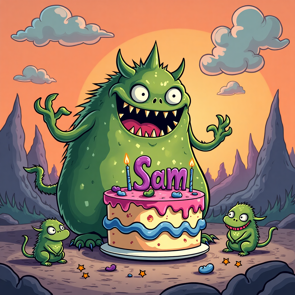 **Front Cover Design for Birthday Greeting Card:**

**Main Scene:**

1. **Characters:**
   - **Great Unclean One:** Depict this creature with exaggerated, cartoonish features reminiscent of Charles Schulz's Peanuts or Bill Watterson's Calvin and Hobbes style. It should be large and comically grotesque, with bulbous eyes, a wide grin with oversized teeth, and overly rounded, blobby limbs.
   - **Nurglings:** These small, mischievous minions scuttle around the Great Unclean One. Render them with a blend of Osamu Tezuka’s manga flair and the whimsical quirkiness of Gary Larson’s The Far Side. They should appear vibrant with an olive green hue, giggling as they help in mischief.

2. **Birthday Cake:**
   - Positioned in front of the Great Unclean One, the cake should be towering and multi-layered with a somewhat gooey, melting appearance. Decorate it with bright, cheerful colors—bubblegum pink frosting, electric blue icing swirls, and orange candy stars. On the top layer, the word "Sam" should be clearly written in bold, swirly purple icing.

**Background:**

1. **Setting:**
   - The backdrop features a cartoonishly stylized war-torn landscape inspired by Hergé’s Tintin with a twist of Winsor McCay's dream-like scenes. Jagged, pastel-colored hills, speckled with blotches of dark purple and green, serve as a contrasting backdrop.
   - Scatter cartoonish elements of Warhammer, like miniatures of broken swords and shields, in the foreground with exaggerated and rounded edges for a softer look.

2. **Sky:**
   - The sky is a gradient of orange to violet, reminiscent of a surreal sunset. Stylized clouds shaped like chubby Nurglings drift across, and one of them has “Sam” subtly carved into its puffy form in the manner of Art Spiegelman's expressive lettering.

**Other Elements:**

1. **Banner:**
   - A tattered but vividly colored banner waves above the cake. It reads “Happy Birthday” in a playful font that combines the classic lettering styles of Will Eisner and R. Crumb, with exaggerated loops and curves.

2. **Color Palette:**
   - Utilize a bright and eclectic palette, focusing on vibrant greens, purples, pinks, and blues, combined with softer pastel shades to keep the cartoonish feel lighthearted and engaging. 

This design should bring together the fantastical elements of Warhammer with the charm of classic cartoon and comic art styles, creating a humorous and visually dynamic birthday card front cover.
Generated with these themes: Warhammer, Nurgle, Great unclean one , Nurgling , and Birthday cake .
Made with ❤️ by AI.