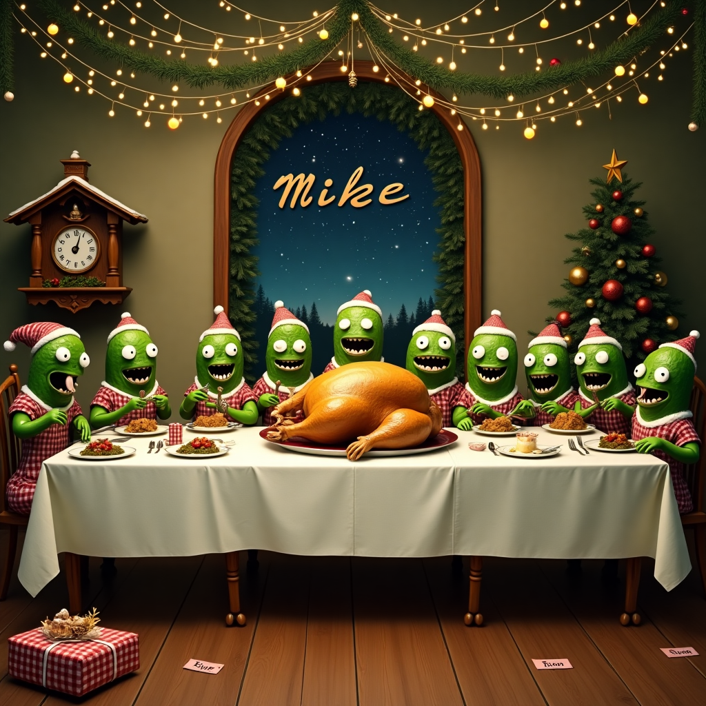 The scene unfolds in a whimsical dining room with a long, festive table set for a grand feast, reminiscent of Da Vinci's "The Last Supper." At the head of the table sits an oversized turkey, bedecked with glistening golden skin and crowned with a halo of rosemary sprigs, serving as the centerpiece. Around the table, a dozen anthropomorphic cucumbers—each with varying expressions of hunger and anticipation—are seated. These cucumbers sport quirky features such as large googly eyes and toothy grins, with some wearing tiny Santa hats or reindeer antlers, adding a Christmas touch. Each cucumber is draped in a red-and-white checkered napkin, holding utensils awkwardly in their tiny green hands, poised to devour a tiny, perplexed human figurine placed on each cucumber’s plate.

The backdrop is a snow-draped window framing a night sky where the stars are arranged to spell out the name "Mike" in bright, twinkling letters. Evergreen garlands and strings of twinkling fairy lights hang above the table, creating an illusion of a starry canopy. A miniature Christmas tree, adorned with tiny baubles and a glowing star, sits in the corner of the room, its reflection visible in the polished wooden floor. Scattered around the room are wrapped gifts, each labeled with tags reading "To: Human" in elaborate script, humorously hinting at the cucumbers’ holiday feast. A cuckoo clock on the wall, instead of a bird, features a small pickle that pops out on the hour, adding to the quirky charm of the scene. This surreal tableau is a playful, peculiar twist on traditional Christmas imagery, inviting the viewer to immerse themselves in this imaginative holiday story.
Generated with these themes: Christmas time, scary cucumbers sat down ready to eat humans, in the style of the last supper.
Made with ❤️ by AI.