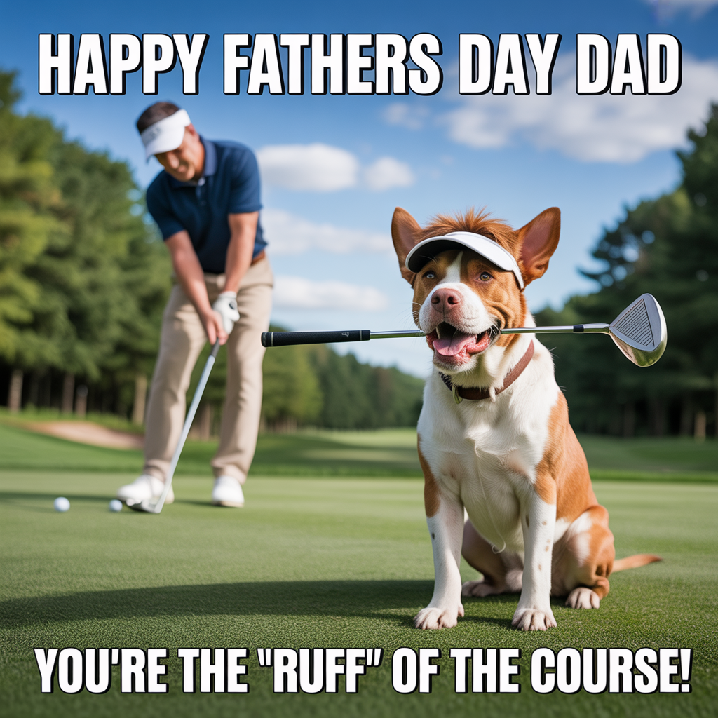 At the top of the image, "Happy Fathers Day Dad":

At the bottom of the image, "You're the 'Ruff' of the Course!"

- Imagine a realistic scene of a dad playing golf with a twist: his loyal dog caddies beside him, holding a golf club in its mouth and wearing a tiny visor cap. The backdrop is a lush golf course, and the dog's expression is both eager and mischievous, as if it's ready to give some 'paw-some' golfing advice.
Generated with these themes: Golf, dogs, and .
Made with ❤️ by AI.