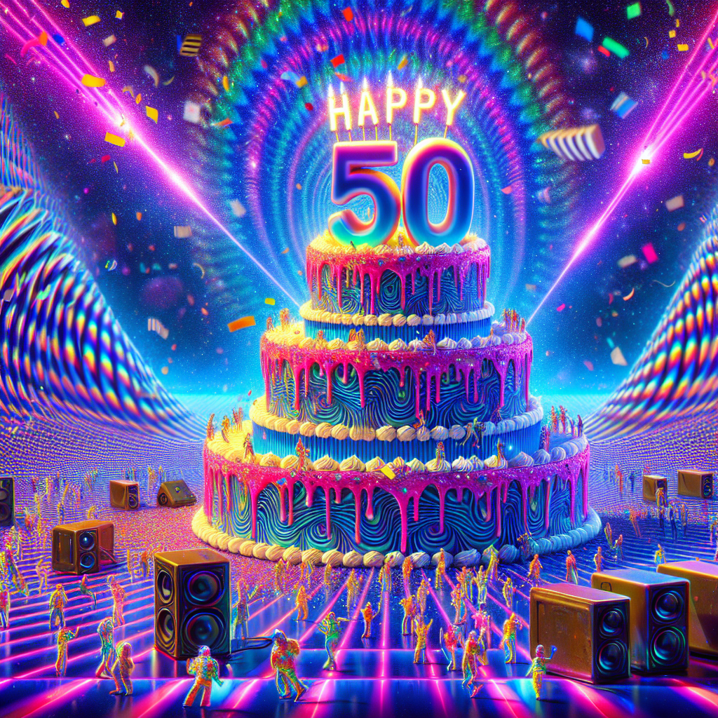 Creating a surreal illustration for a 50th birthday in an electrified 90's rave style. The scenery is brimming with neon colors and futuristic aspects hailing from the 90's. The mesmerizing background is rife with hypnotic, psychedelic patterns that seem to pulse vividly. In the foreground, a colossal multi-tiered birthday cake adorned with iridescent frosting captures your attention, with 'Happy 50th Birthday' emblazoned in radiant, throwback rave-style fonts. Miniature rave-party attendees have the honor of being turned into figurines on the cake, their shapes fading into streaks of after-impressions, as if snatched from a long-exposure photo. Showers of confetti, like fragments of rainbows divided, fall dramatically, and concealed audio devices emit a comprehensible bass rhythm that's almost tangible.
Generated with these themes: Happy 50th birthday, 90's acid techno rave music flyer .
Made with ❤️ by AI.