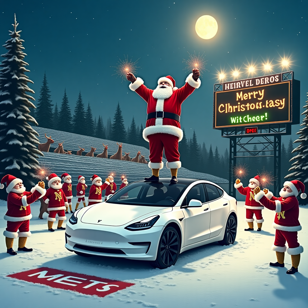 In the whimsical winter wonderland scene, Santa Claus stands triumphantly on the roof of a pristine white Tesla, dressed in his classic red suit with fur-lined cuffs, with a touch of eco-friendly flair as his boots are adorned with tiny, glittering solar panels. The Tesla is parked on a snowy baseball field, the iconic Mets logo painted on the mound beneath a blanket of snow. To Santa's right, a group of elves clad in Notre Dame Fighting Irish jerseys are cheering, some tossing snowballs, others holding up sparklers that spell out "Go Irish!" in the frosty air. Behind them, a large scoreboard displays a festive message that reads "Merry Christmas Rory" in bright, twinkling lights, as if a game was in progress. In the background, a row of solar panels shimmer under the twinkling stars, reflecting the glow of the holiday lights strung across the trees. A banner hanging between two towering pines reads "Charge into Christmas with Cheer!" The moon is full, casting a soft glow over the entire scene, with a cluster of reindeer peeking playfully from behind the scoreboard, their noses dusted with snow. The whole tableau is a delightful blend of holiday magic and modern-day merriment.
Generated with these themes: Santa standing on a white tesla, Mets baseball team, Notre dame fighting irish, and Solar panels in the background.
Made with ❤️ by AI.