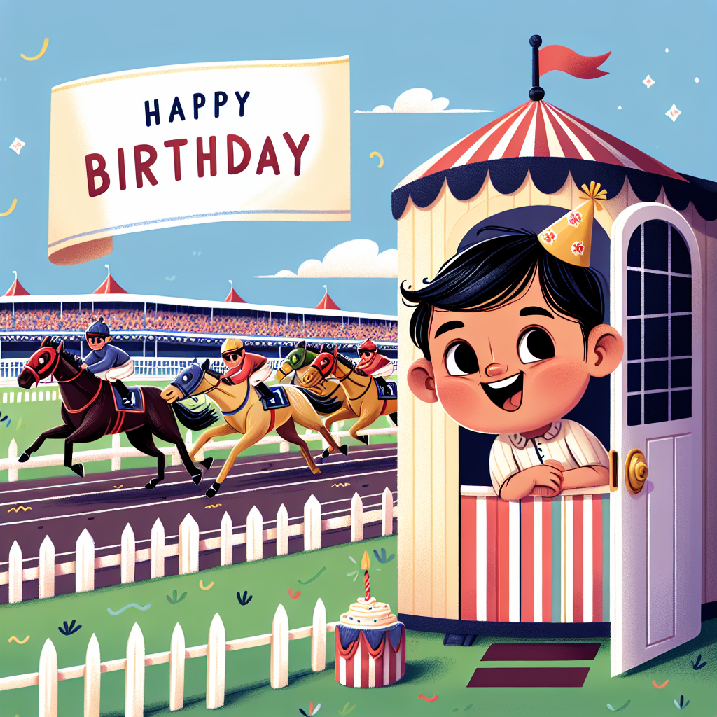 Create an engaging birthday-themed illustration. Focus on a quaint caravan located in the foreground while horses are shown racing on a track in the background. Include a joyful South Asian baby boy, named George, who is portrayed with a big smile. He is carefully positioned in the doorway of the caravan, seeming to enjoy the races.
Generated with these themes: Caravans, Horse racing , and Her baby George .
Made with ❤️ by AI.